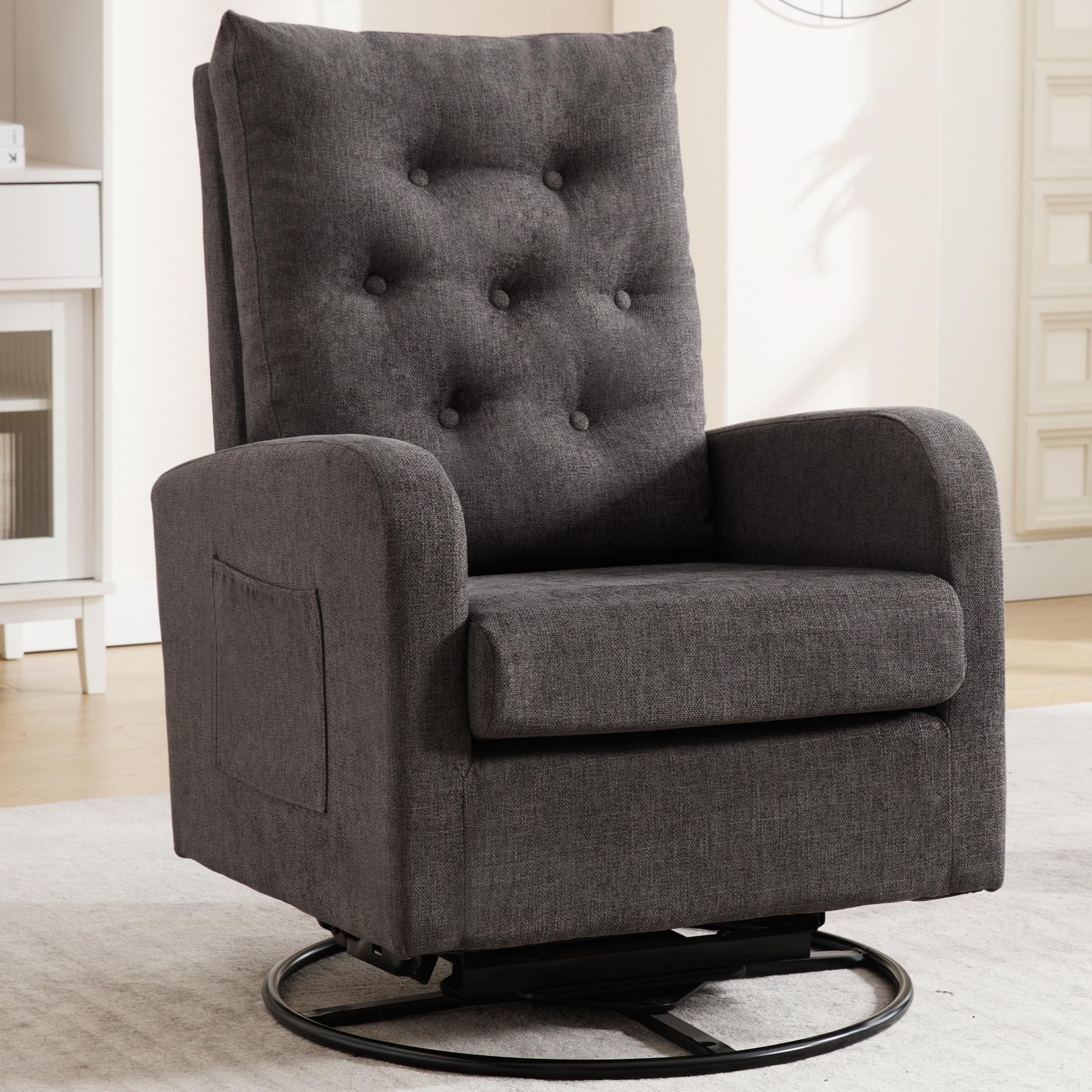 360° Swivel Rocking Chair Nursery Glider - Modern Padded Armchair with Teddy Fabric for Living Room, Bedroom & Nursery | Comfortable Breastfeeding Chair for Moms, Adults (Dark Grey) | Perfect for Nursing, Reading & Relaxing