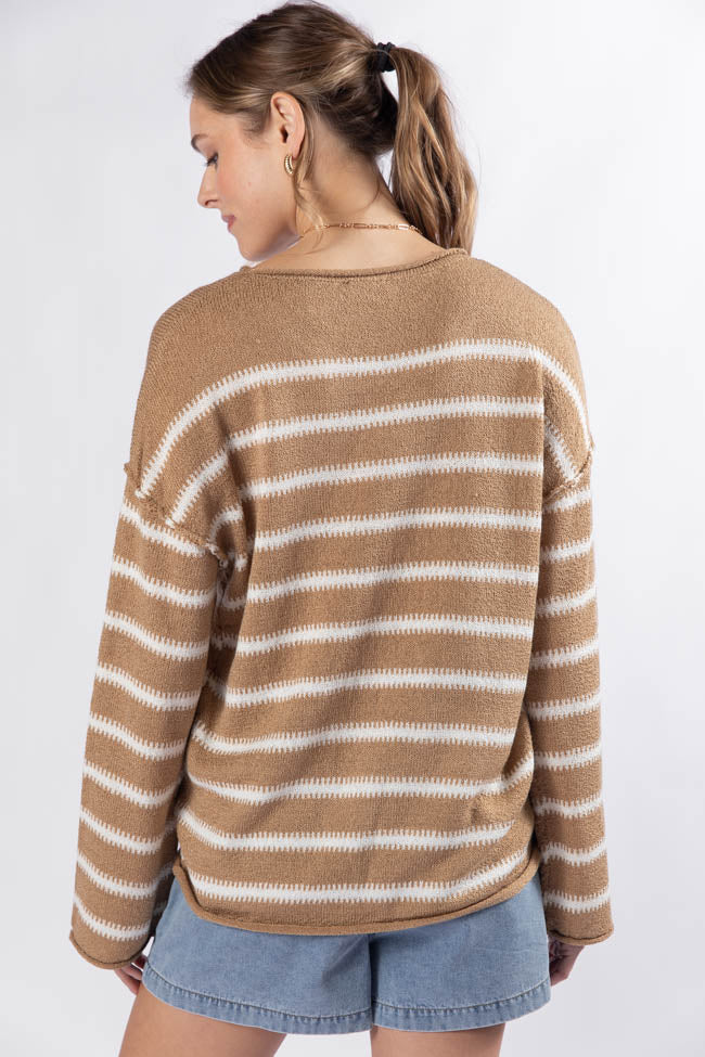 Road Trip Tan and Ivory Striped Sweater - Cozy Knit Pullover for Women | Perfect for Travel, Fall Outfits & Casual Wear
