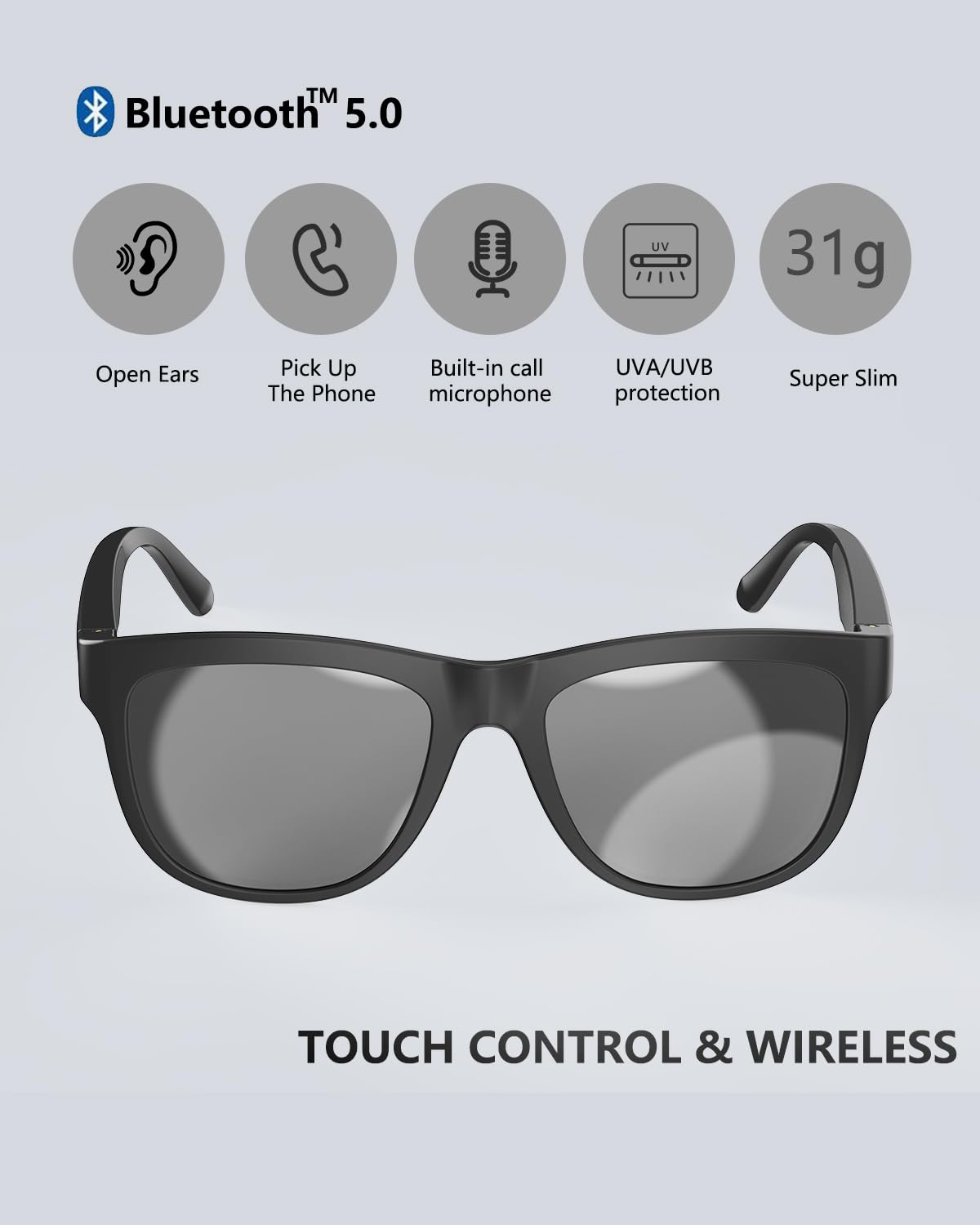 Wireless Bluetooth Sunglasses with Open Ear Design - Smart Glasses with Bluetooth 5.0, IPX5 Waterproof, HD Audio for iPhone & Android - Perfect for Running, Cycling & Outdoor Activities