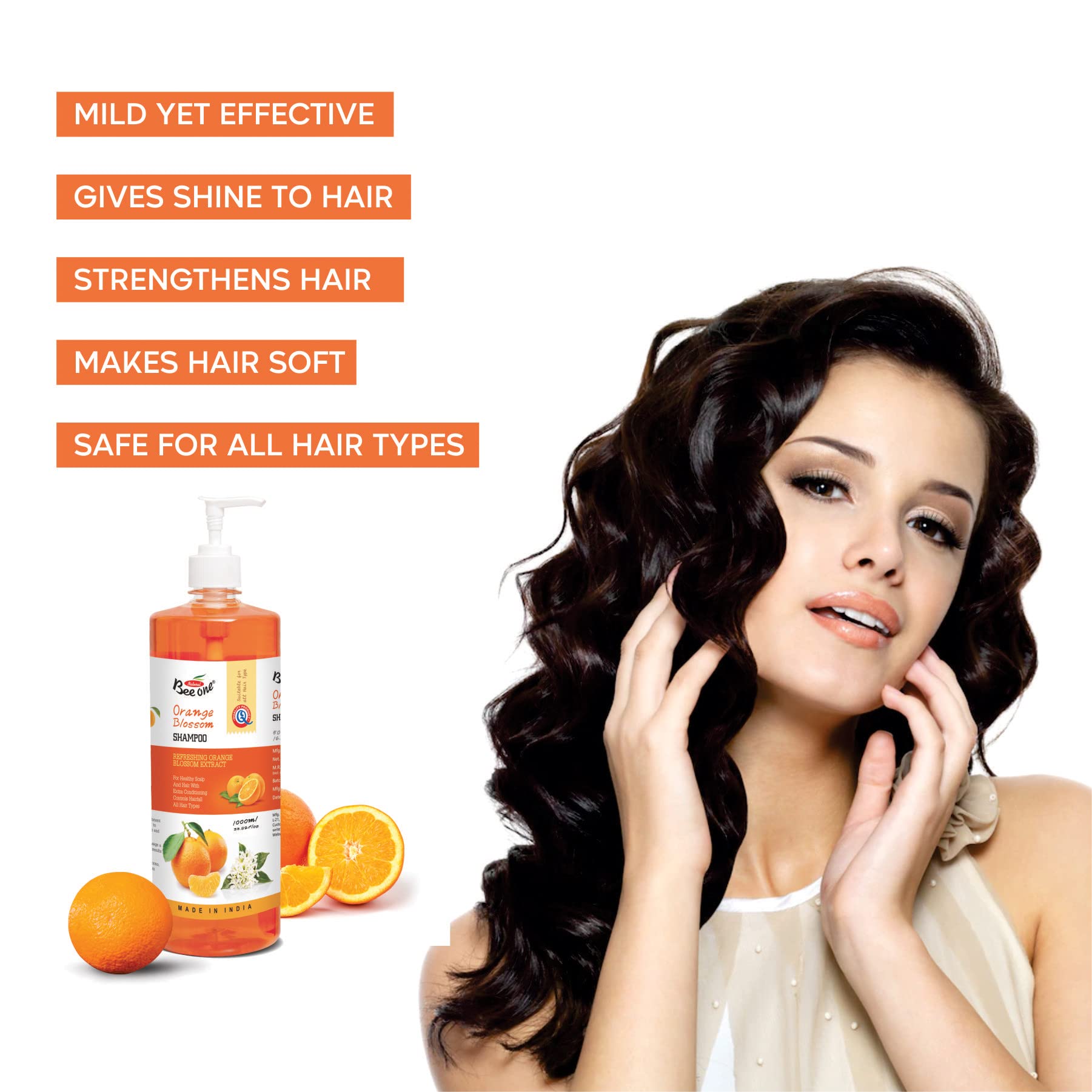 BEE ONE Orange Blossom Shampoo for Hair Growth & Shine - 1000ml Large Bottle - Sulfate Free & Natural Ingredients - Perfect for Daily Hair Care & Scalp Nourishment