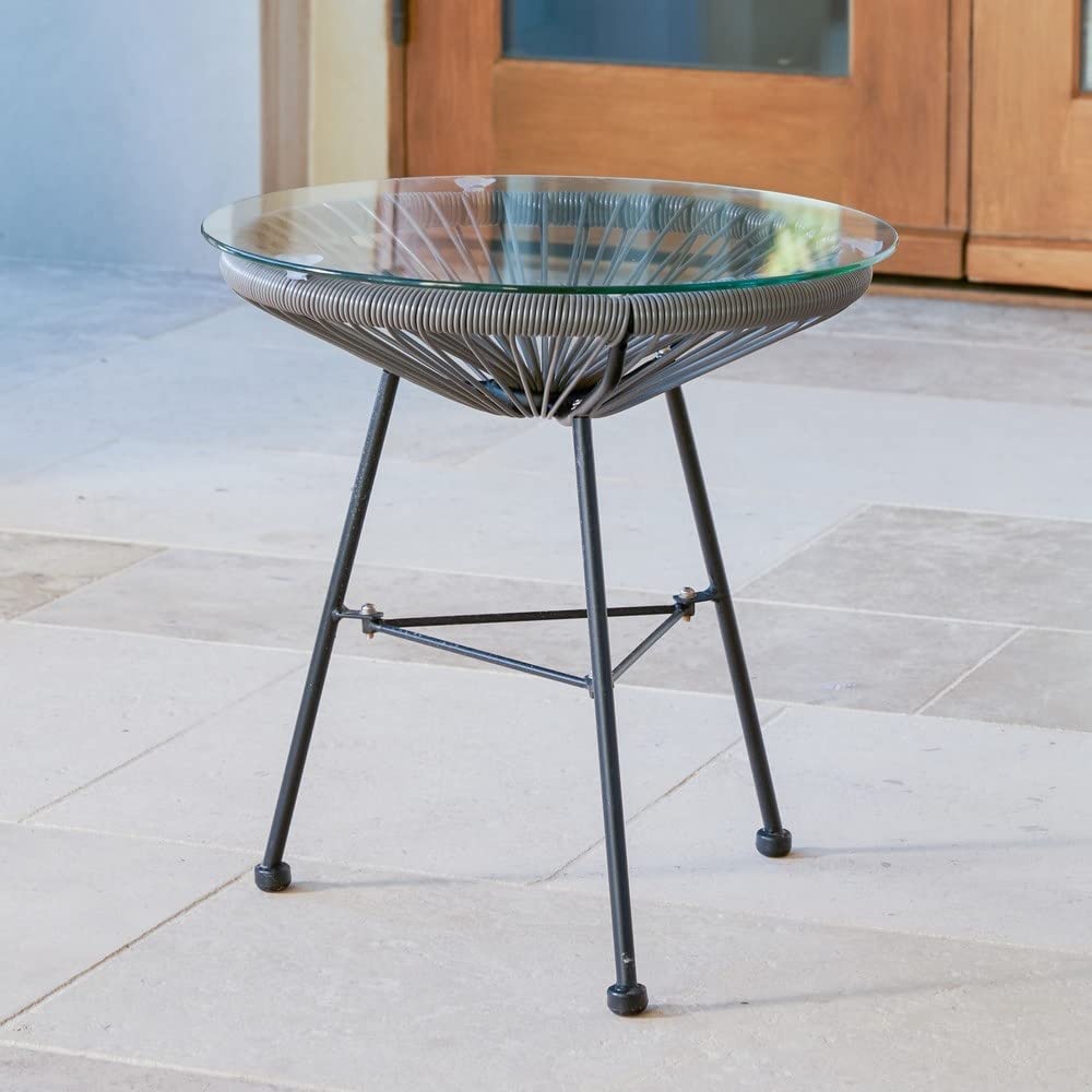 Modern Grey Woven Wicker Patio Side Table with Tempered Glass Top - Outdoor Garden, Balcony, Poolside Furniture for Relaxing & Entertaining