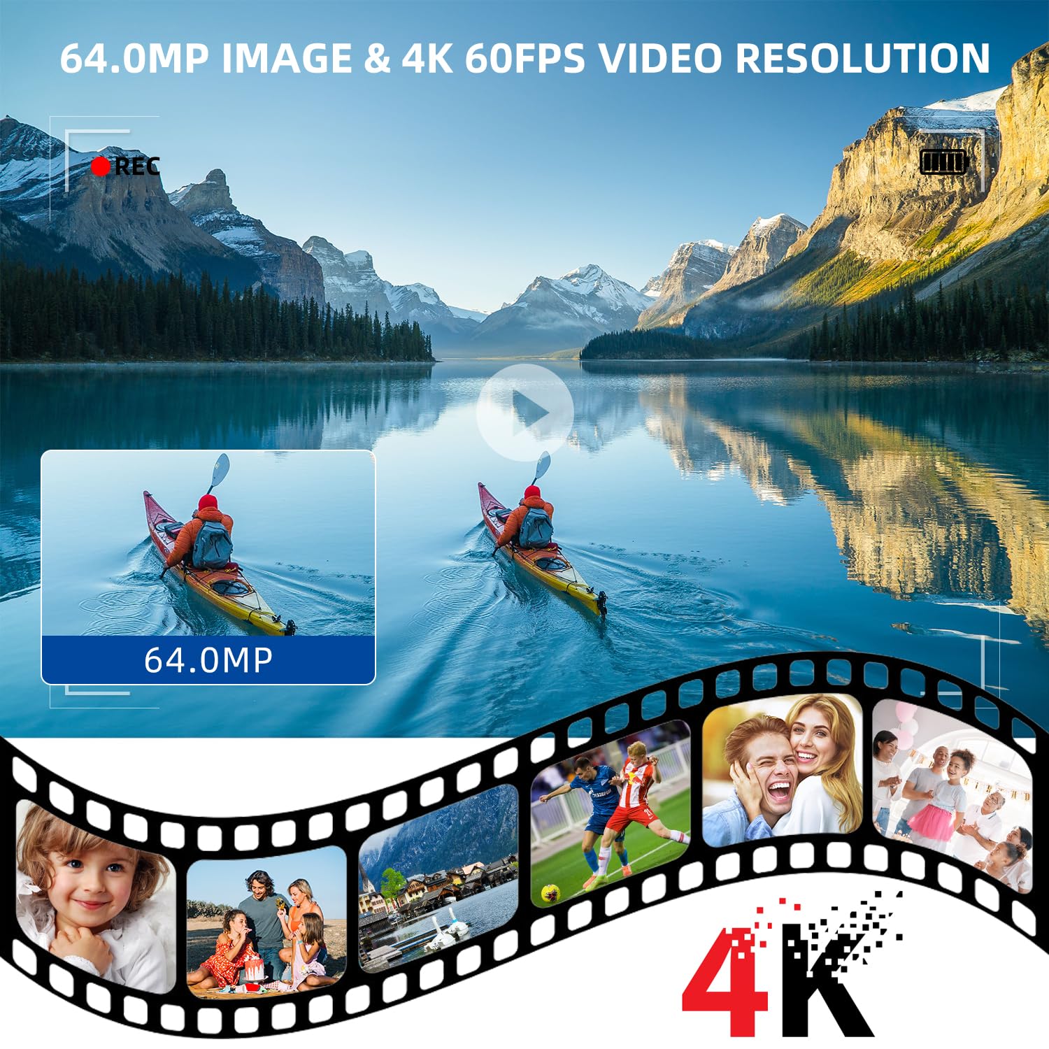 4K 64MP Dual Lens Video Camera with Wireless Mic, 60FPS Ultra HD Camcorder, 3