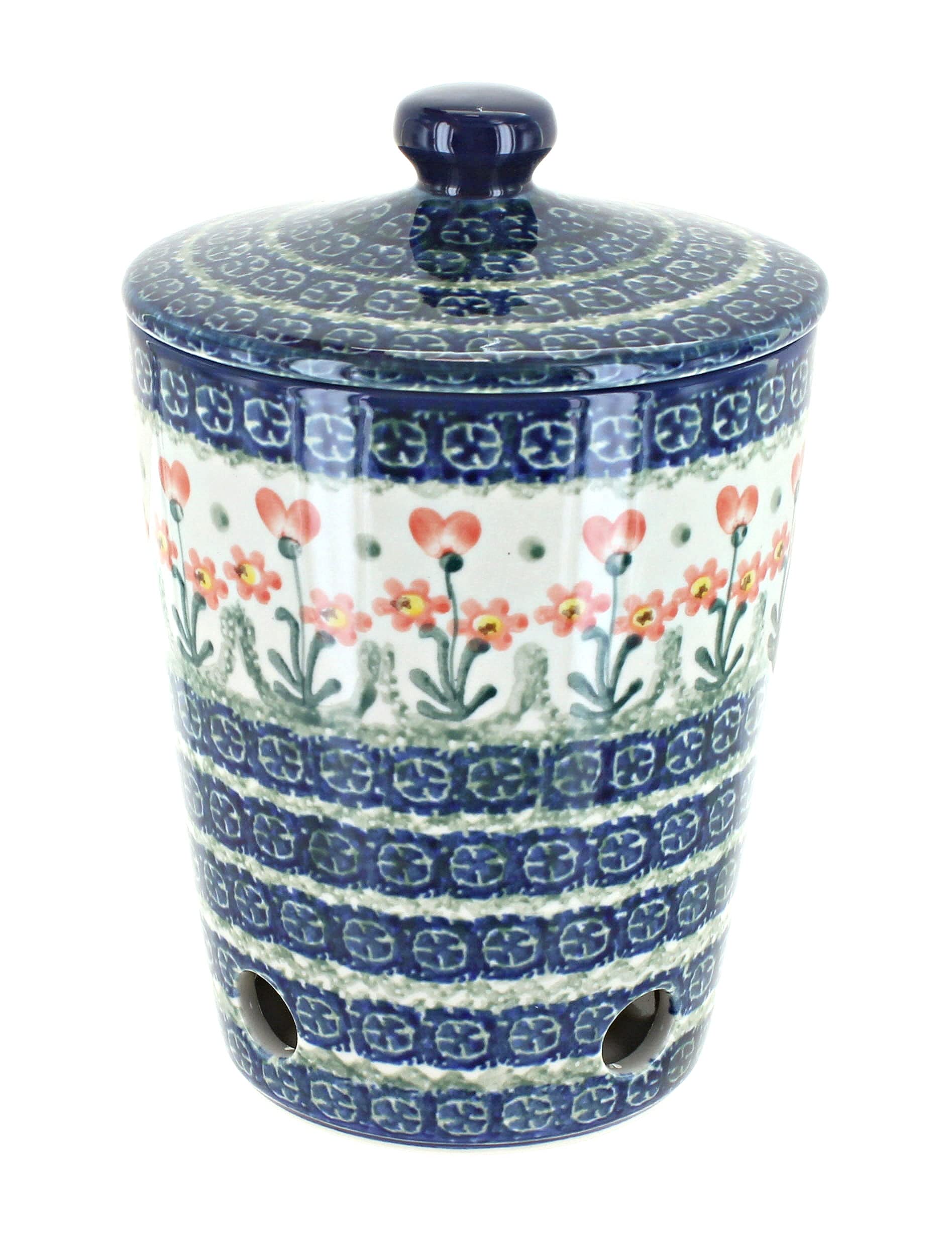 Blue Rose Polish Pottery Peach Posy Garlic Keeper - Handmade Ceramic Garlic Storage Container for Kitchen, Pantry & Dining Room Decor