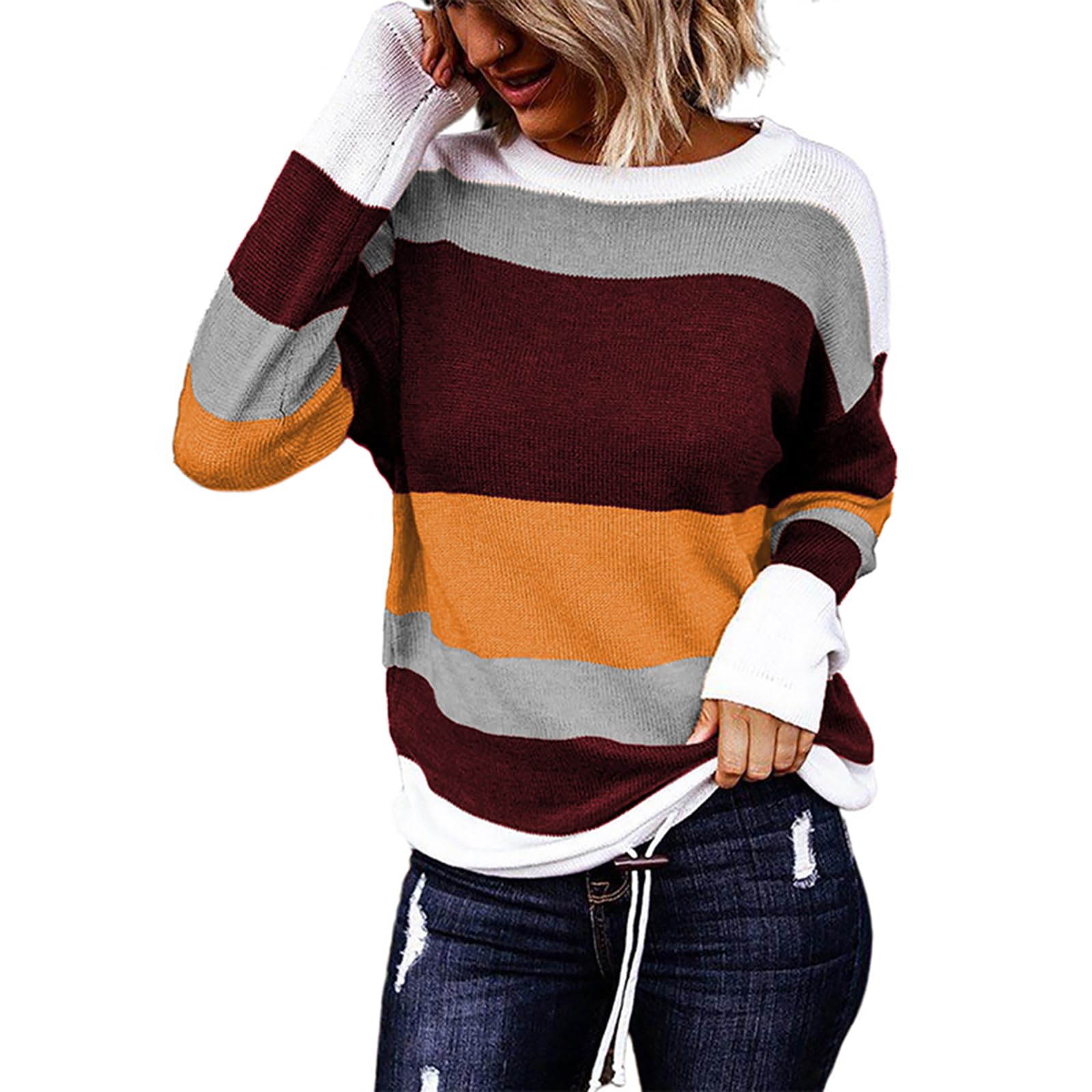 Women's Striped Sweaters 2023 Fall Fashion - Long Sleeve Crewneck Color Block Knit Pullover Tops (Yellow) | Casual Office Wear & Autumn Outfits