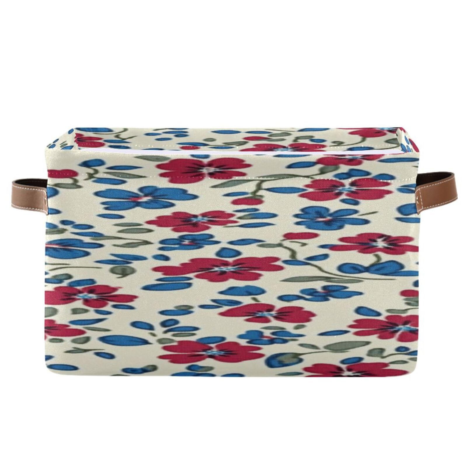 Large Storage Baskets with Handles - Foldable Home Organization Bins for Closet, Shelves & Bedroom (2-Pack, Creamy Red & Blue Floral Pattern) - Perfect for Toys, Laundry & Home Decor Storage