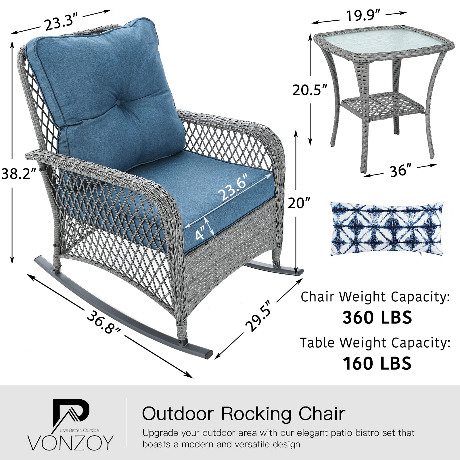 3-Piece Patio Furniture Set - Wicker Rocking Bistro Set with Thick Cushions, Outdoor Rocker Chairs & Coffee Table for Porch, Backyard or Garden (Blue) - Perfect for Relaxing, Entertaining & Outdoor Dining