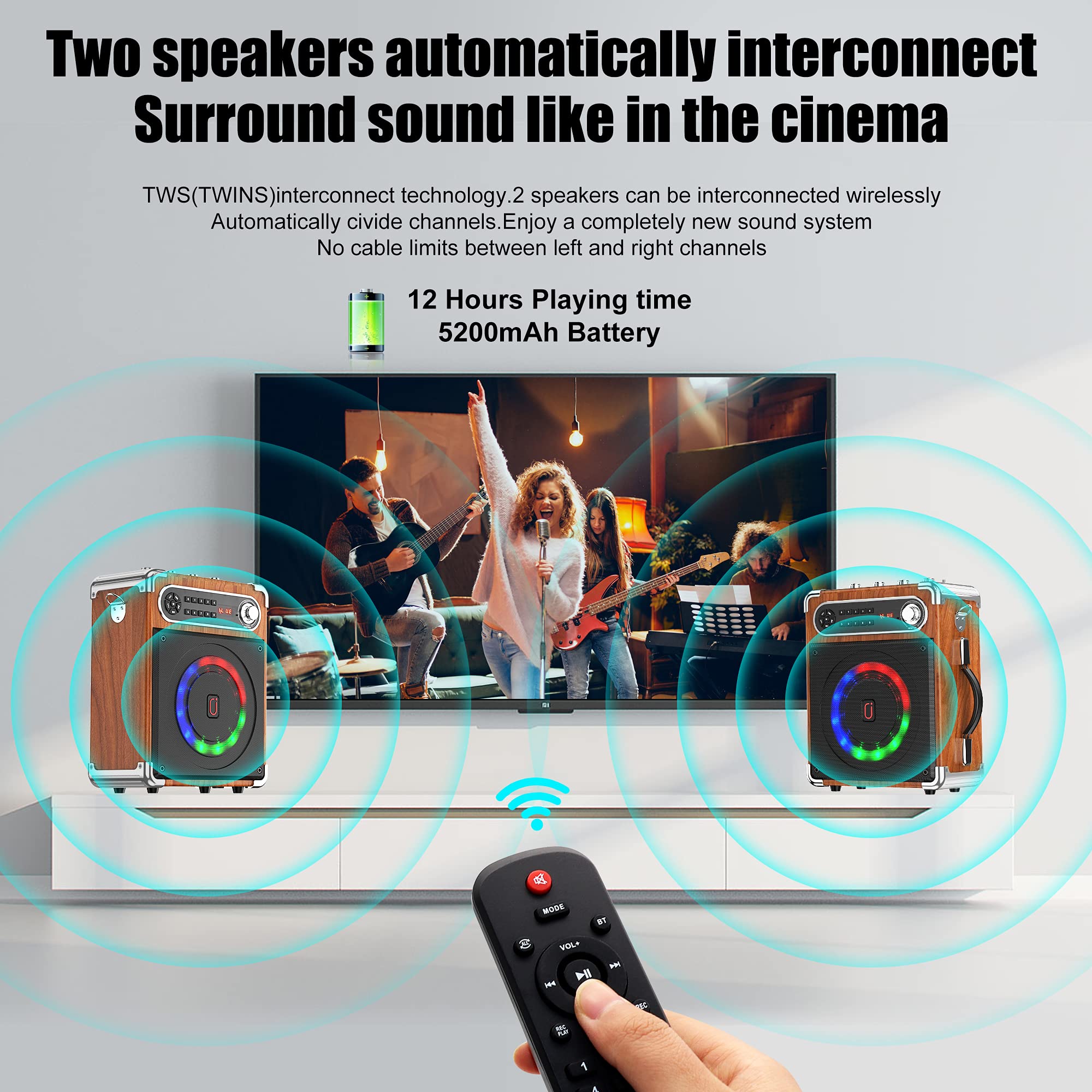 Portable Bluetooth Karaoke Machine with 2 Wireless Microphones - Bass/Treble Adjustable PA Speaker System with LED Lights, Remote Control, USB/AUX/TF/FM/REC/TWS - Perfect for Home Parties, Outdoor Gatherings & KTV Entertainment