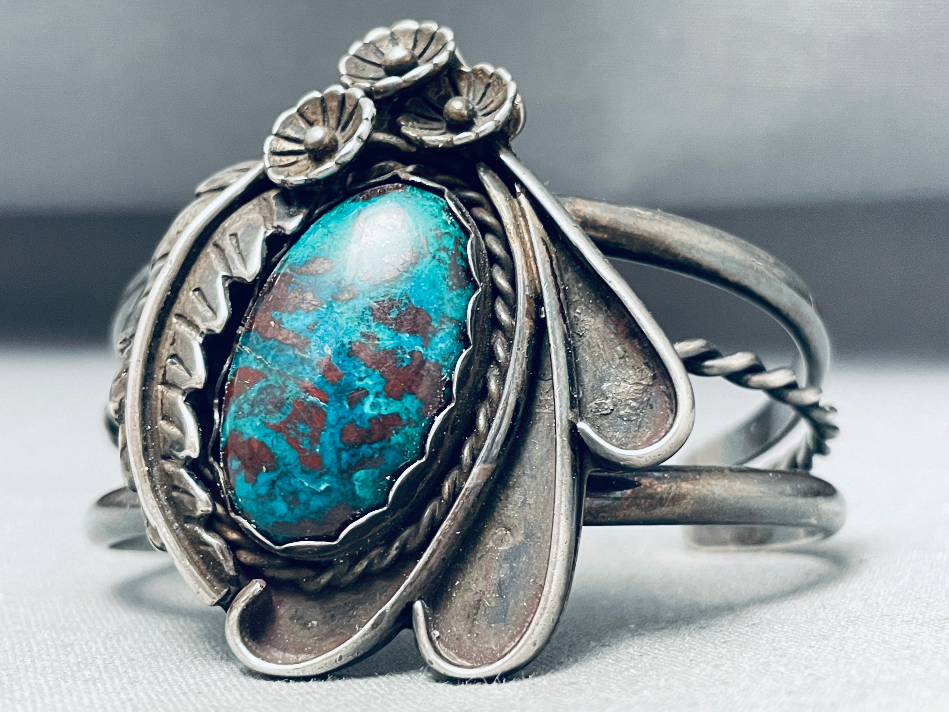 1977 Vintage Native American Navajo Chrysocholla Sterling Silver Bracelet - Handmade Turquoise Jewelry for Women, Boho Southwest Style, Perfect for Festivals & Special Occasions