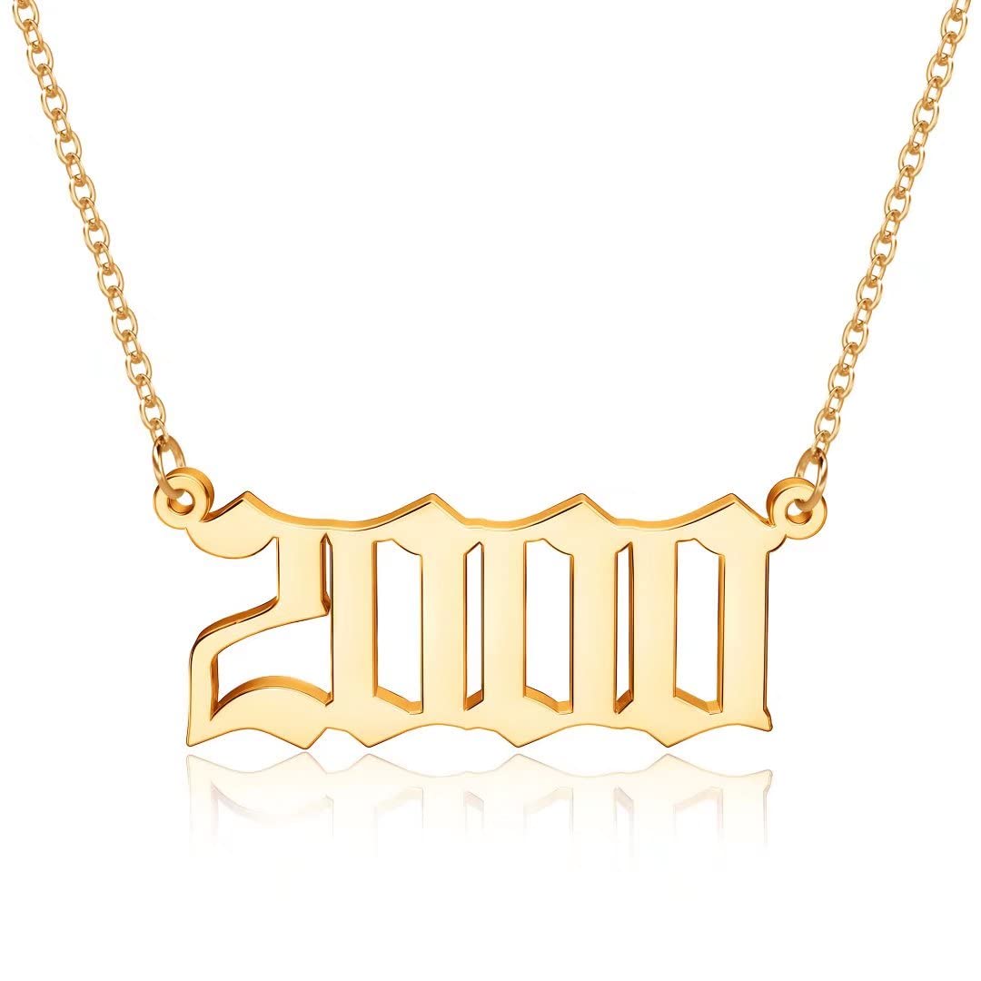 18K Gold Plated Old English Birth Year Necklace for Women - Personalized 1970-2021 Number Pendant Jewelry Gift for Birthday, Anniversary & Special Occasions | Elegant Layering Necklace for Everyday Wear