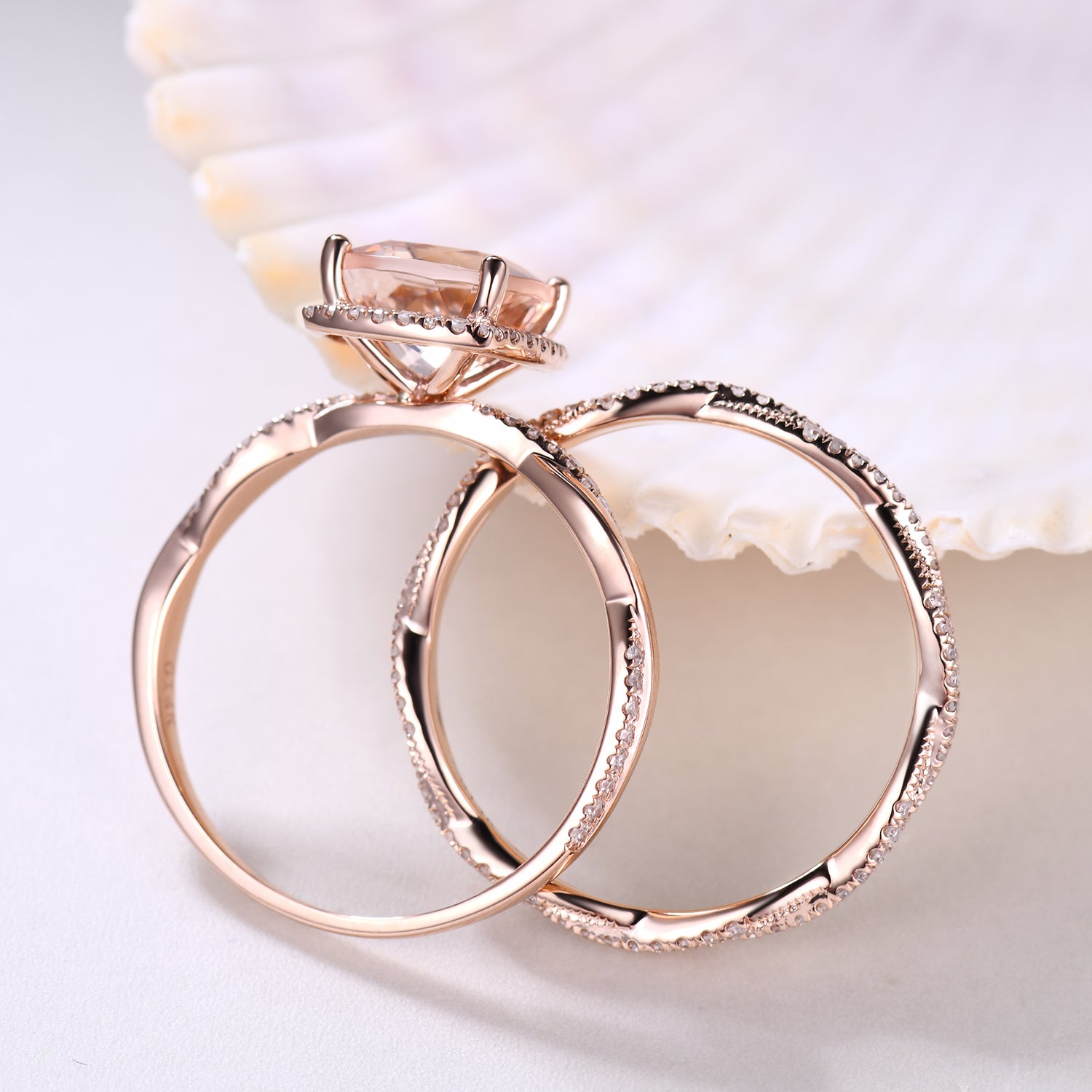 Rose Gold Morganite & Diamond Engagement Ring Set with Twist Infinity Wedding Band – Perfect for Proposals, Anniversaries & Bridal Jewelry