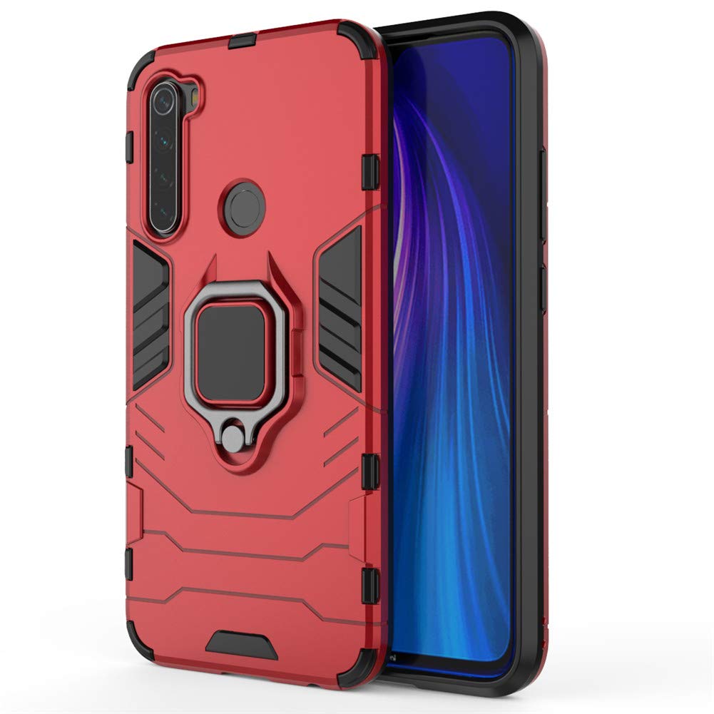 LuluMain Shockproof Hard Bumper Case for Xiaomi Redmi Note 8 - Compatible with Magnetic Car Mount, Metal Ring Grip & Kickstand | Dual Layer Rugged Protective Cover (Red) | Perfect for Outdoor Activities, Travel & Daily Use