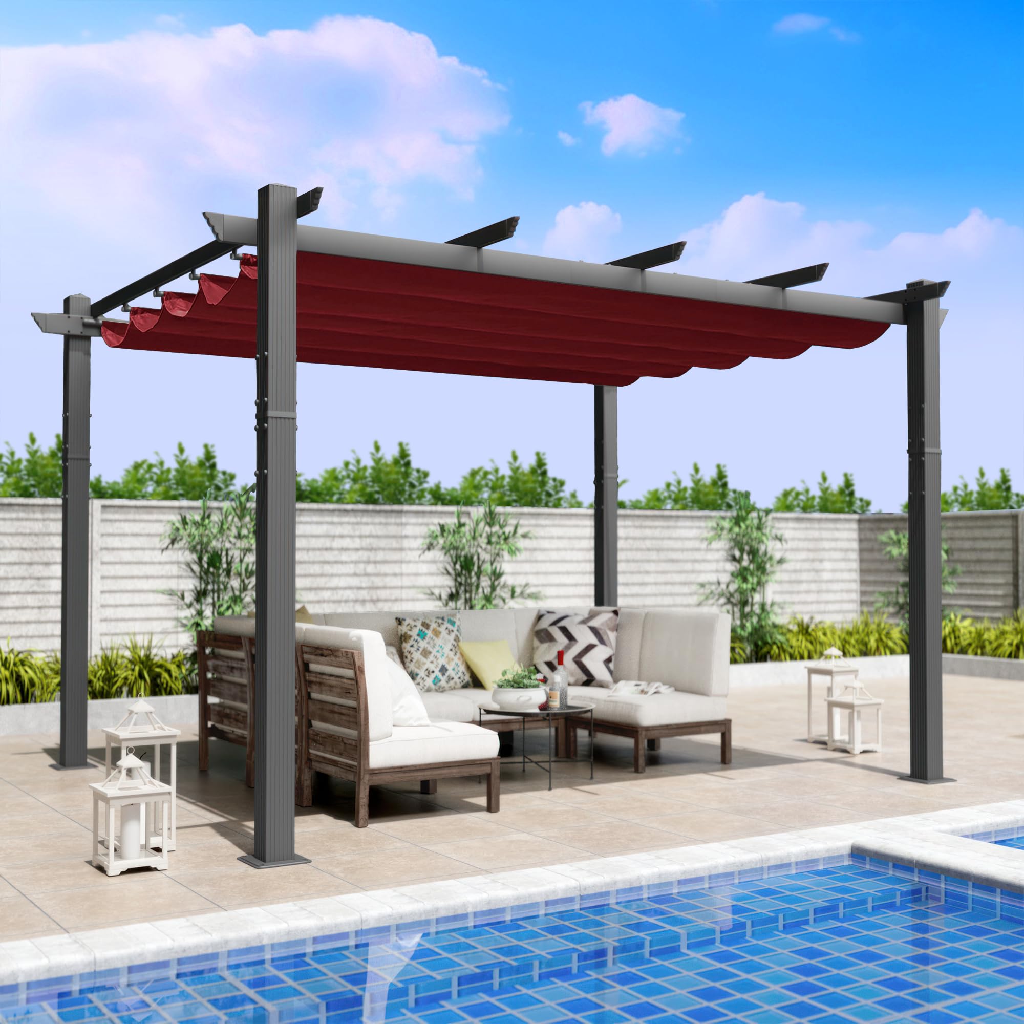 Kozyard Morgan 10' x 12' Retractable Aluminum Pergola with Sun Shade Canopy - Modern Outdoor Patio Cover for Backyard, Deck & Garden - Burgundy Metal Grill Gazebo for Relaxing & Entertaining