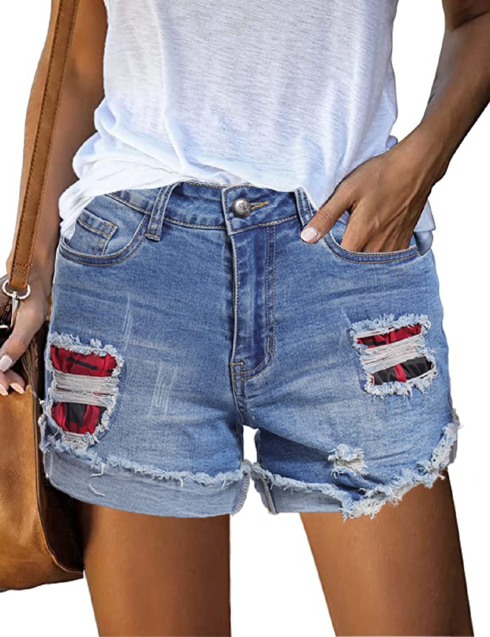 GOLDPKF Women's Stretch Denim Shorts - High Waist Ripped Jean Shorts with Elastic Waistband, Plus Size Denim Shorts in Red (Large) - Perfect for Summer Outfits, Casual Wear & Beach Vacations