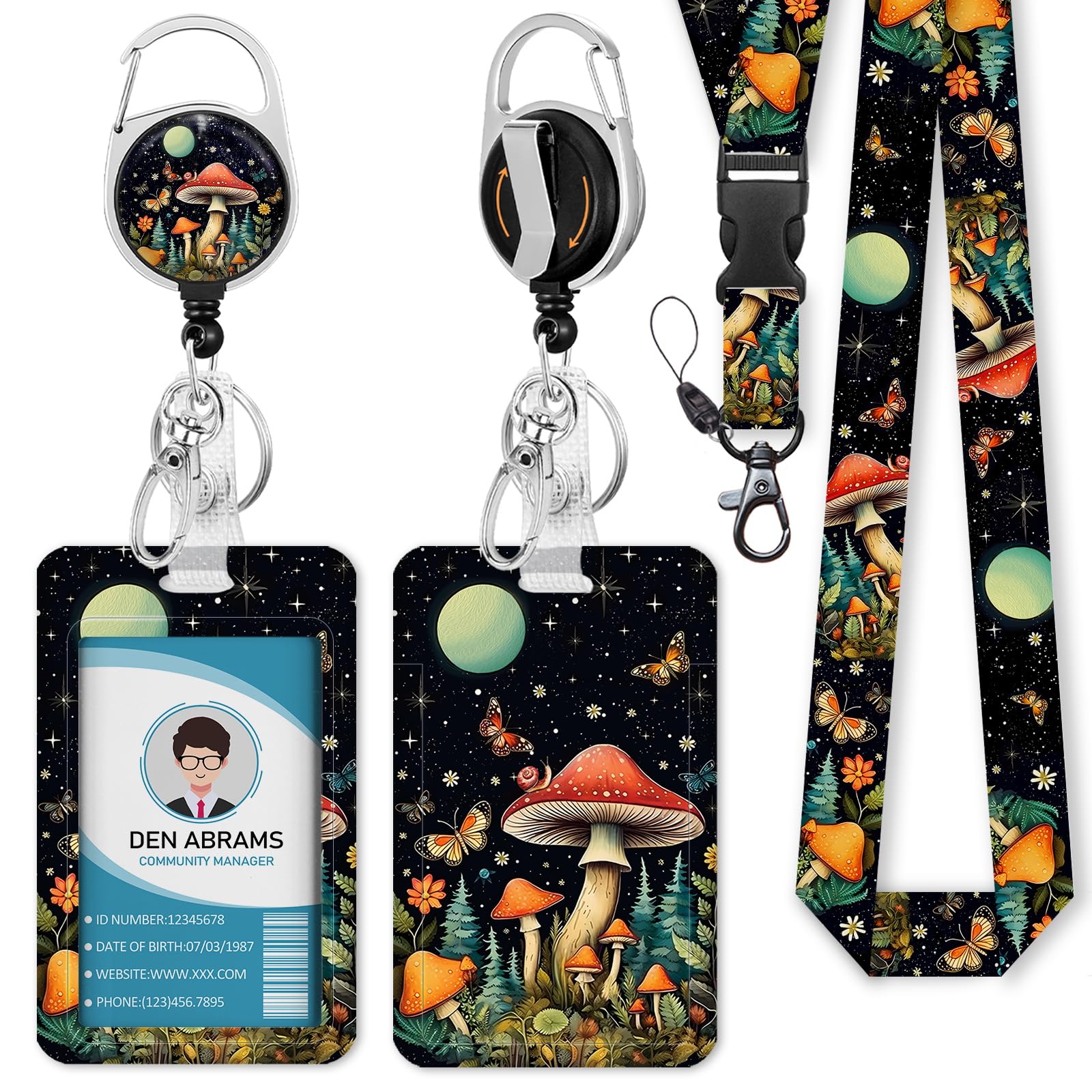Retractable ID Badge Lanyard for Nurses, Teachers & Students - Mushroom Design
