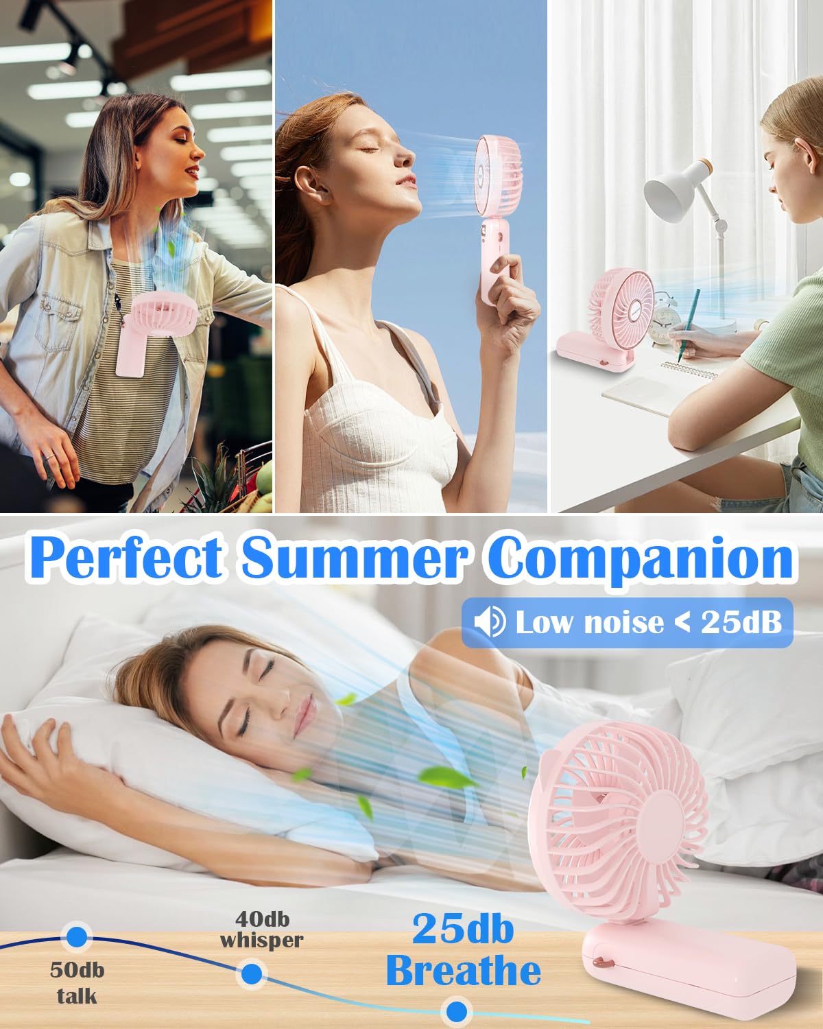 Portable Handheld Fan 4000mAh Rechargeable - Personal Mini Fan with LED Digital Display, 5 Speed Settings, 90° Adjustable, Ultra Quiet - Perfect for Travel, Office, Home, Gym & Outdoor Activities (Pink)