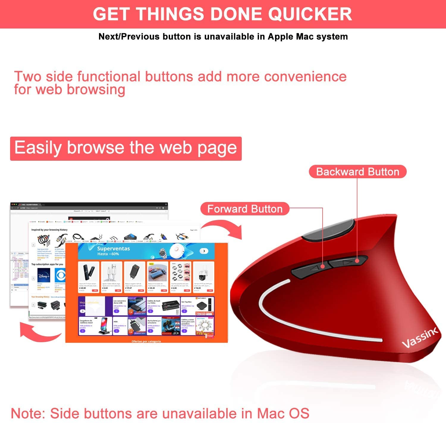 Vassink Ergonomic Rechargeable Wireless Mouse - 2.4GHz Vertical Optical Mouse with USB Receiver, 6 Buttons, 800/1200/1600 DPI Adjustable, Red - Perfect for Office, Gaming & Home Use
