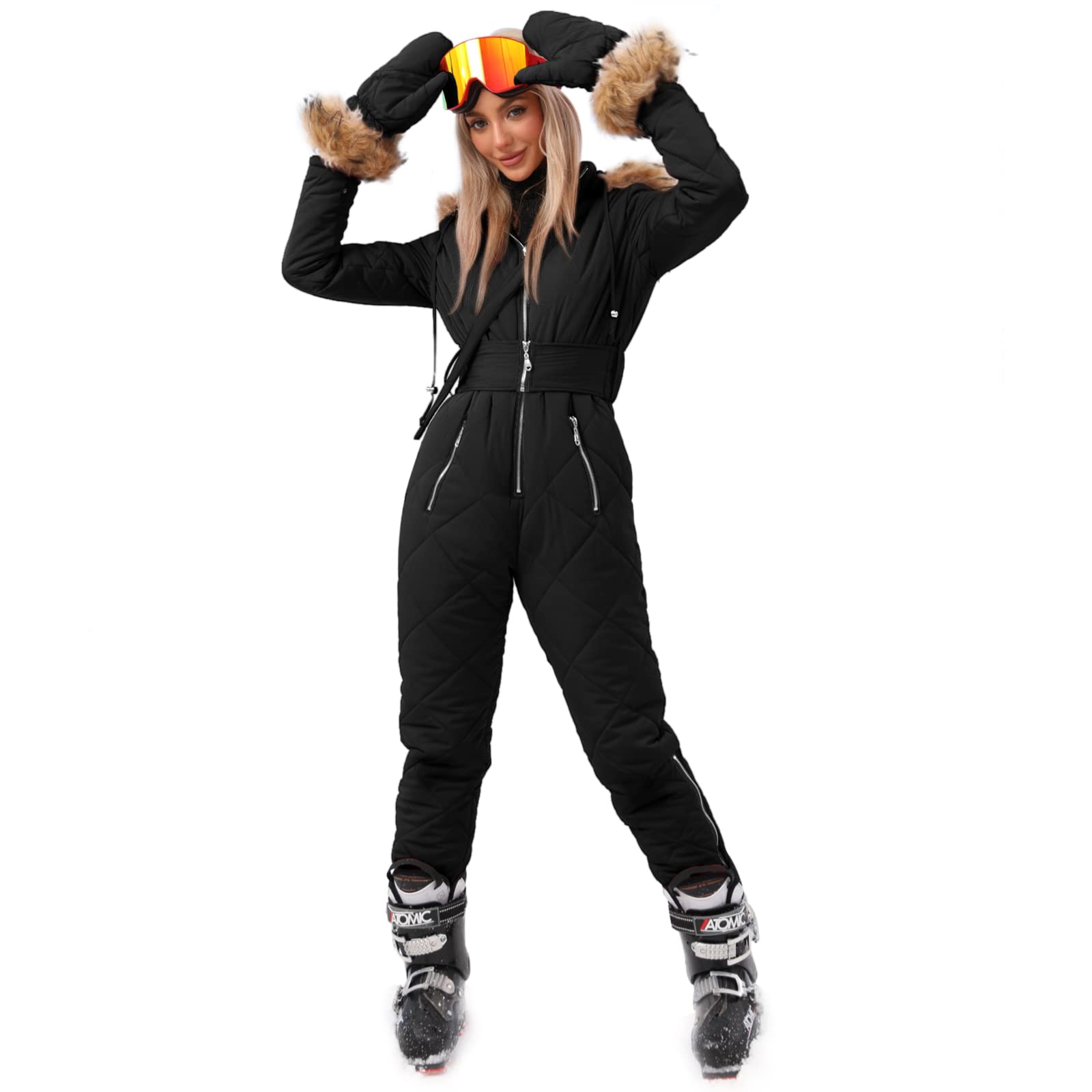 Aoysky Women's Winter Fleece-Lined Ski Jumpsuit with Fur Collar & Hood - Waterproof Snowsuit for Skiing, Snowboarding & Outdoor Winter Sports - Warm Thermal Jacket and Pants Set for Cold Weather Adventures