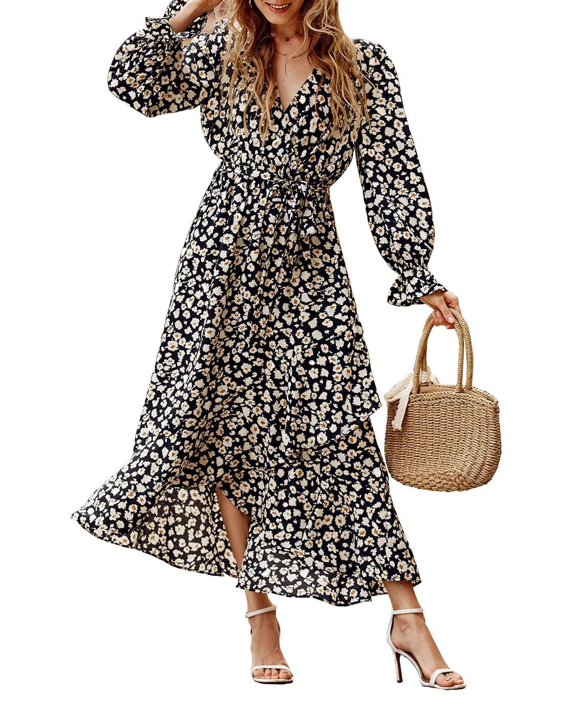 BTFBM Women's Floral V-Neck Long Sleeve Boho Dress - High Waist Ruffle Summer Wedding Guest Dress for Spring & Summer 2025 | Perfect for Garden Parties, Bridal Showers & Formal Events