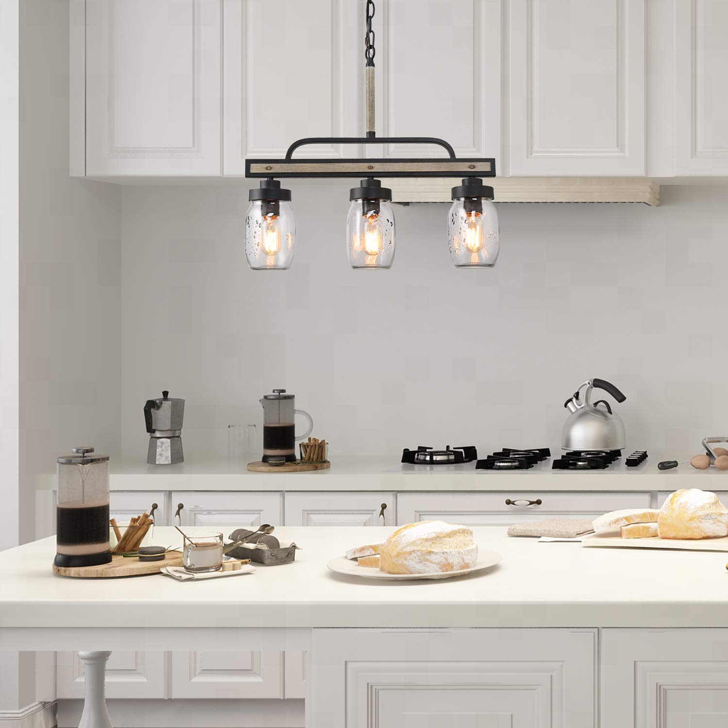 Rustic Mason Jar Chandelier - Farmhouse Lighting with Metal Finish & Glass Pendant for Dining Room, Kitchen Island - Perfect for Country Style Home Decor & Cozy Dining Ambiance