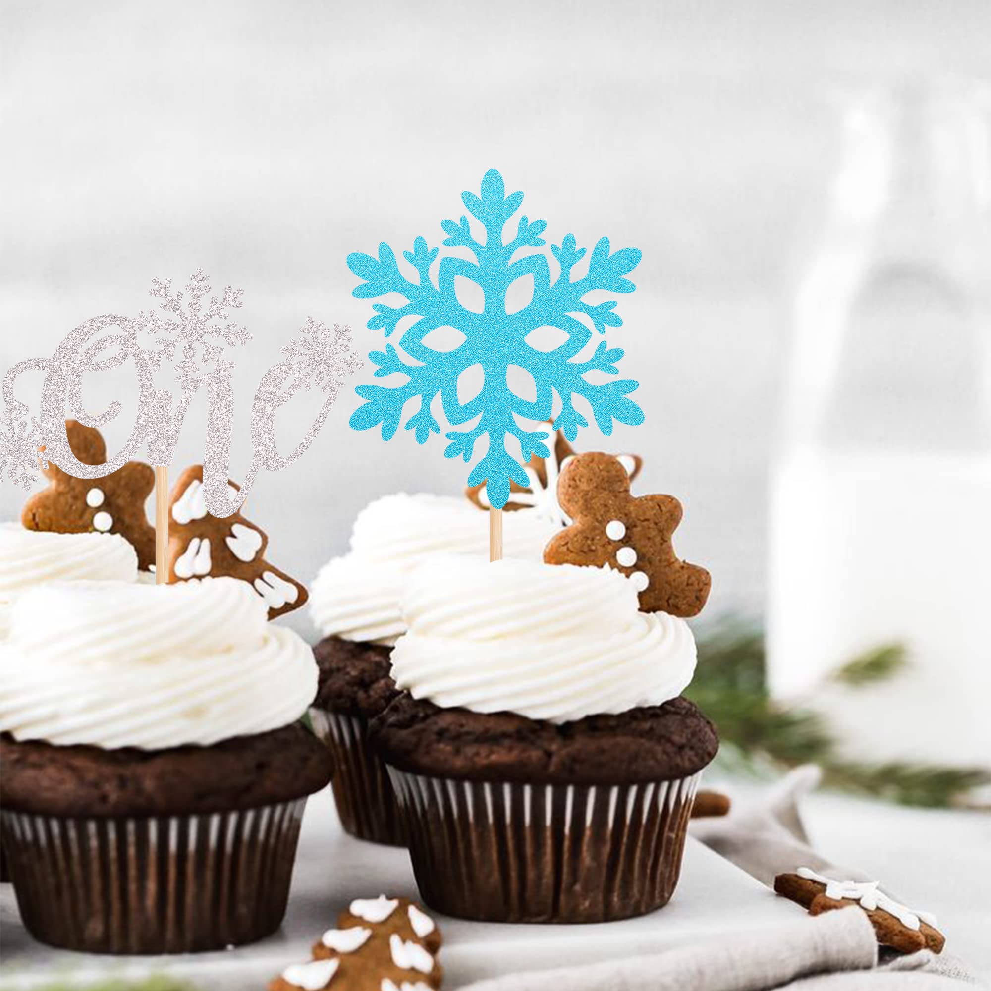 24 Pack Silver & Blue Glitter Snowflake Cupcake Toppers - Winter Snowflake Theme Cake Decorations for 1st Birthday Party, Baby Shower, Christmas & Holiday Celebrations (Perfect for Winter Weddings & New Year's Eve Desserts)