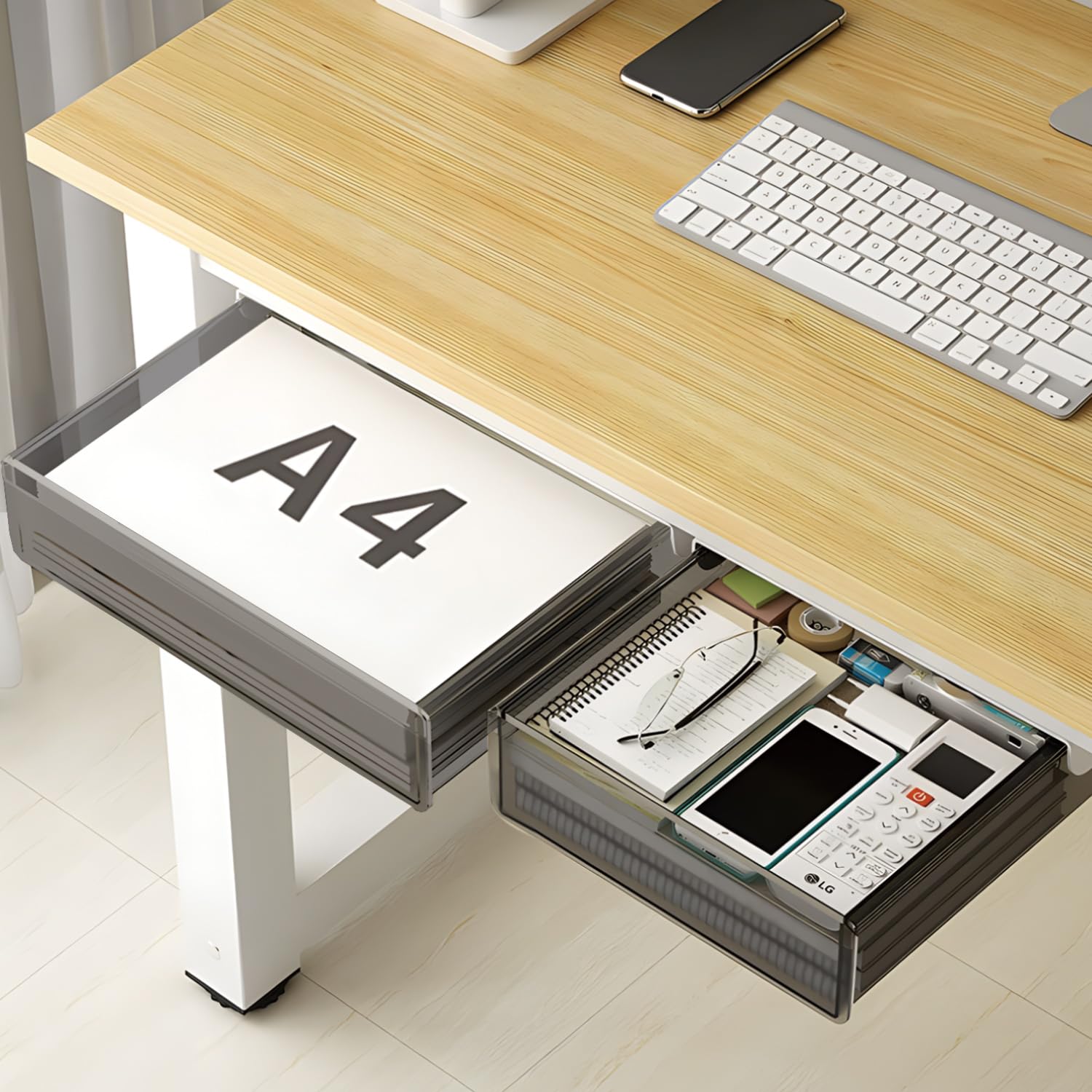 Under Desk Storage Organizer - 2 Pack Slide Out Drawers (Large & Medium) for Office Supplies, Hidden Desktop Organizer with Attachable Pencil Tray | Perfect for Home Office, Study Desk & Workspace Organization
