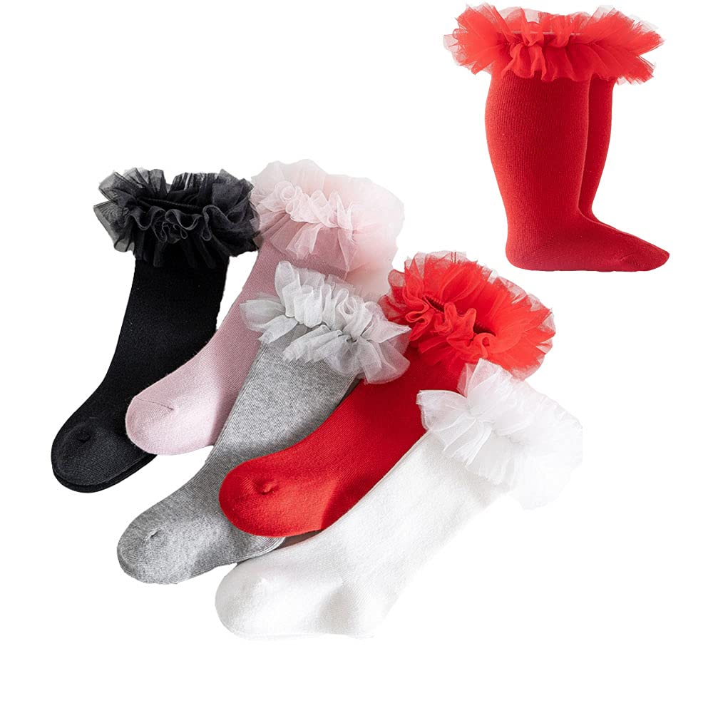 5 Pack Baby Girls High Knee Socks - Soft Tulle Frilly Stockings for Infants & Toddlers - Princess Ruffle Long Socks for Dress Up, Parties & Special Occasions