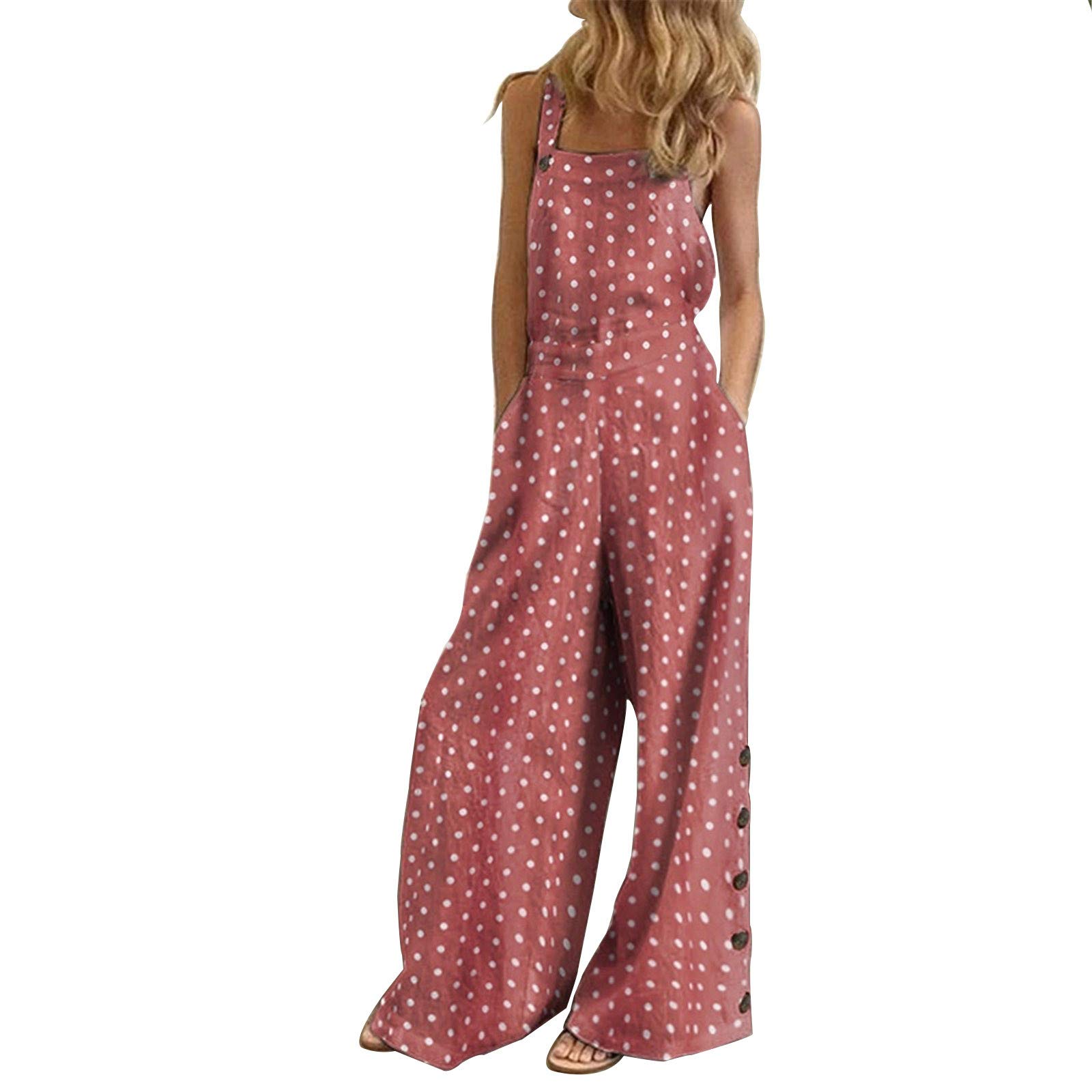 Women's Sleeveless Square Neck Jumpsuit - Casual Dot Print Loose Wide Leg Bib Overalls for Summer Outings, Beach Vacations & Street Style Fashion