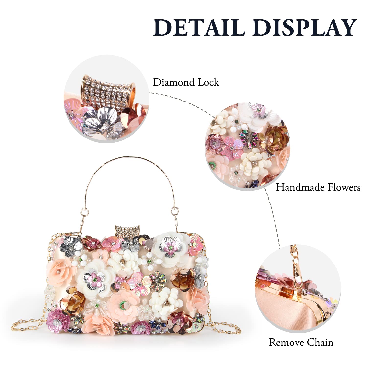 Elegant Floral Beaded Evening Clutch Bag for Women - Wedding Party Bride Shoulder Handbag Purse - Perfect for Formal Events, Dinners & Special Occasions