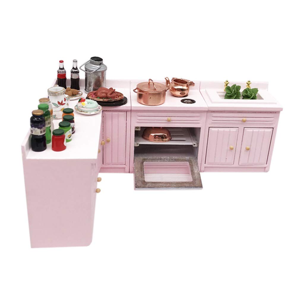 1:12 Scale Miniature Wooden Kitchen Cabinet Set - Pink Dollhouse Furniture for DIY Decoration | Perfect for Dollhouse, Model House & Collectible Displays