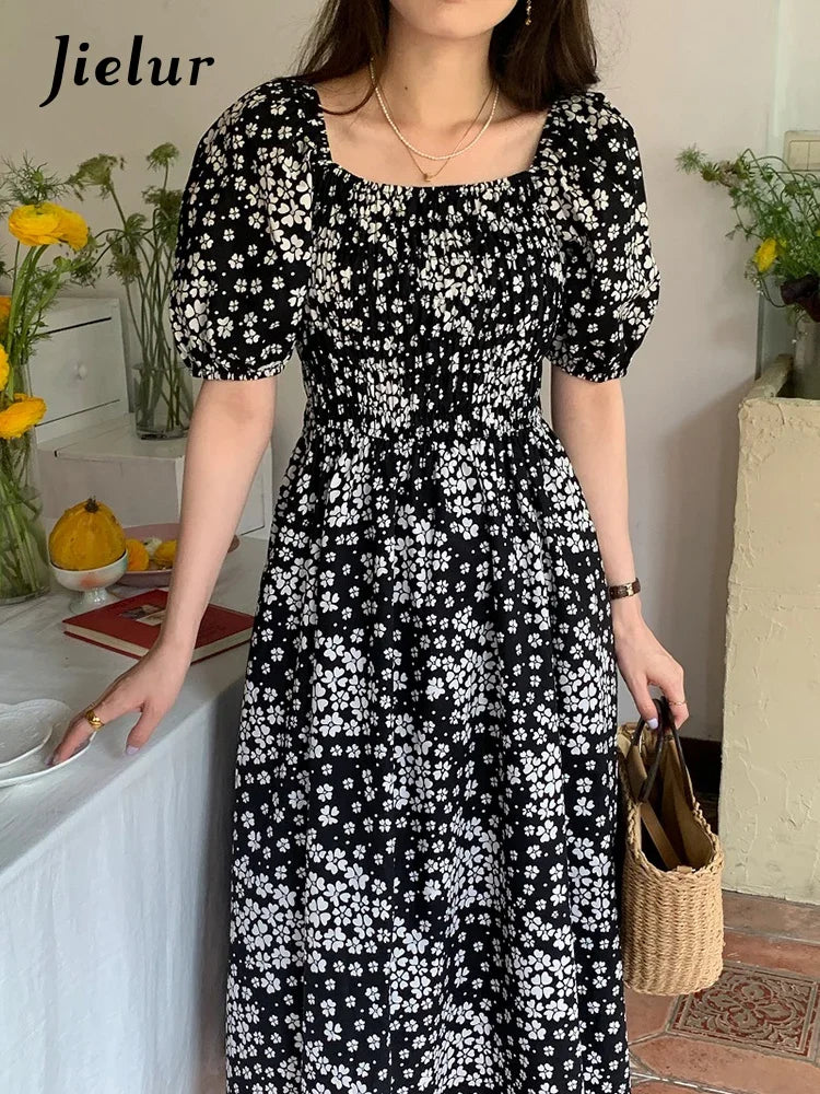 Elegant Black Printed Slim Waist Women's Dress - French Style Square Neck Puff Sleeve Summer Casual Office Dress for Women | Perfect for Work, Date Nights & Special Occasions