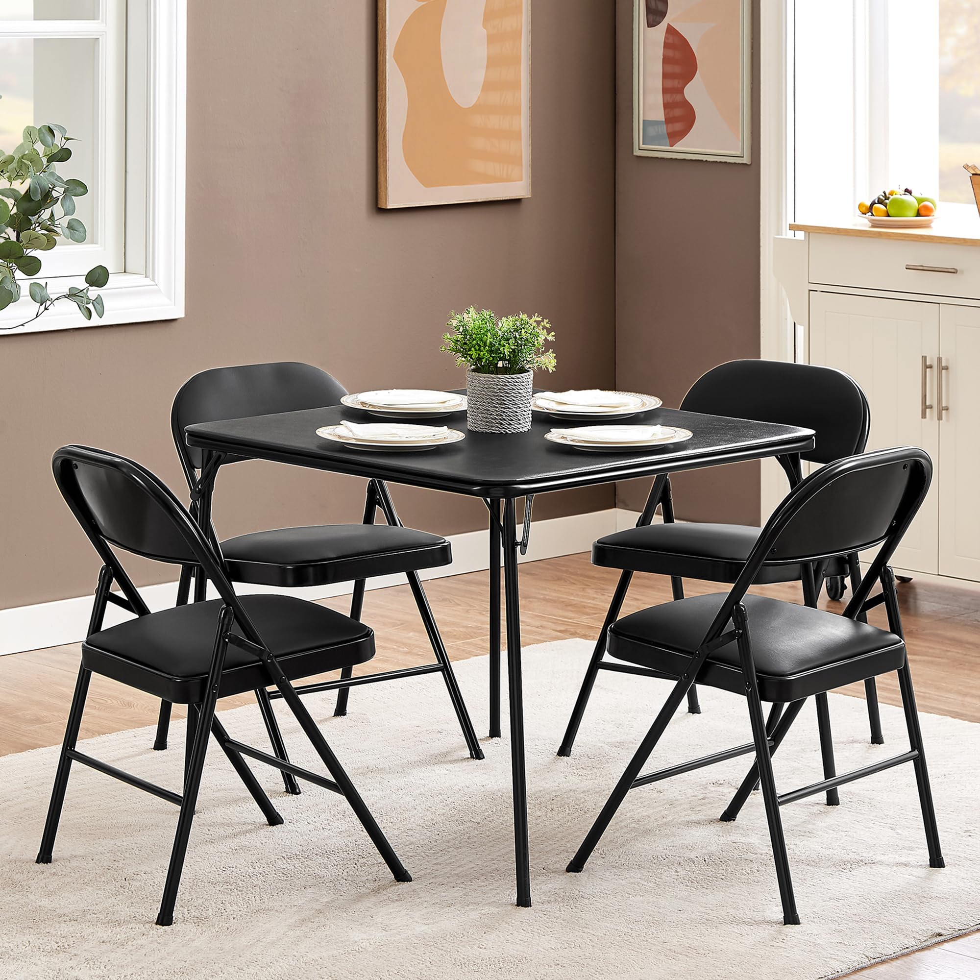 VECELO 5-Piece Portable Folding Card Table and Chair Set - Square Metal Frame with Collapsible Legs & Vinyl Upholstery in Black | Perfect for Game Nights, Outdoor Parties, and Indoor Gatherings