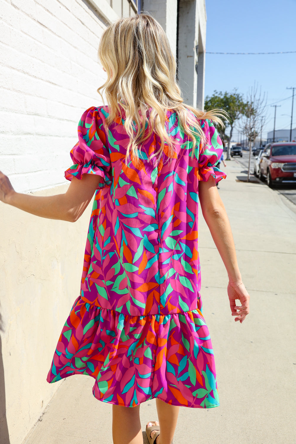 Fuchsia Tropical Leaf Print Woven Ruffle Hem Dress with Pockets - Women's Summer Beach Dress for Vacation, Party & Casual Wear