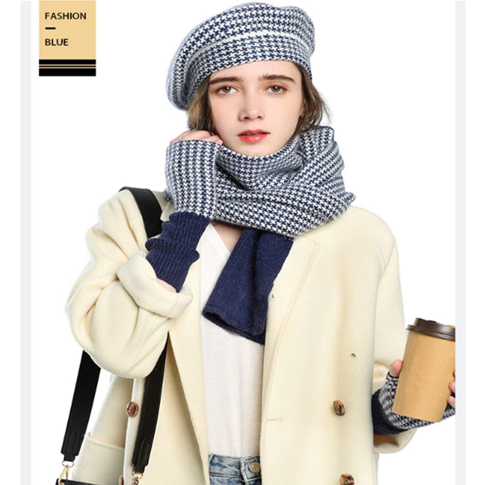 Luxury Cashmere Hat, Gloves, and Scarf Set for Women - Soft Winter Plaid Accessories in Navy Blue | Perfect for Cold Weather, Outdoor Activities & Holiday Gifts