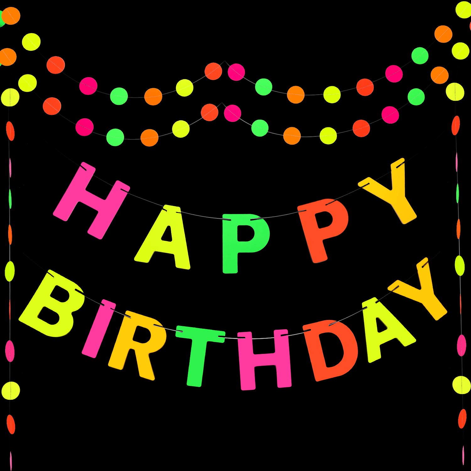 Glow in the Dark Happy Birthday Banner - Rainbow Neon Sign for Black Light Party Decorations | Perfect for Kids & Adults Birthday Celebrations, Night Parties & Special Events