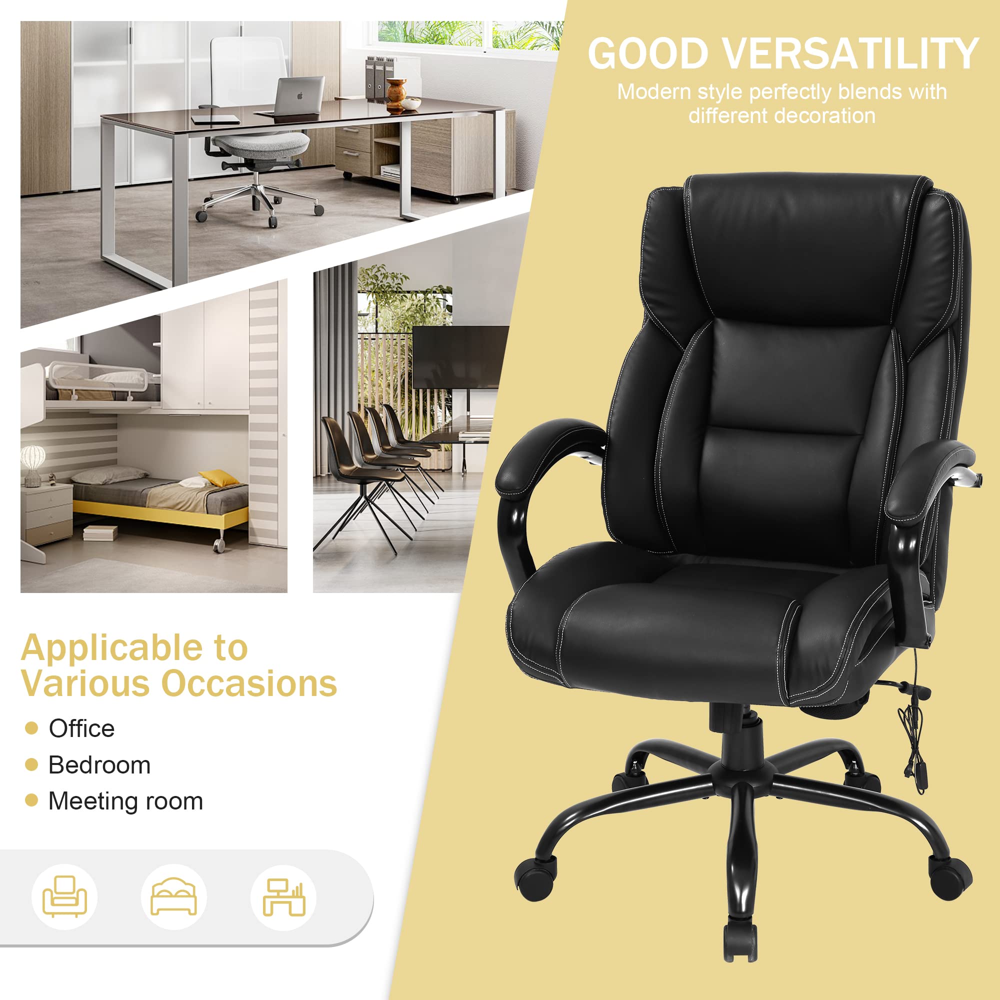 Ergonomic Office Desk Chair 500lbs Capacity - Big and Tall High Back Computer Chair with Adjustable Lumbar Support & Massage - PU Leather Executive Swivel Rolling Task Chair for Home Office (Black) - Perfect for Long Work Hours & Gaming Sessions
