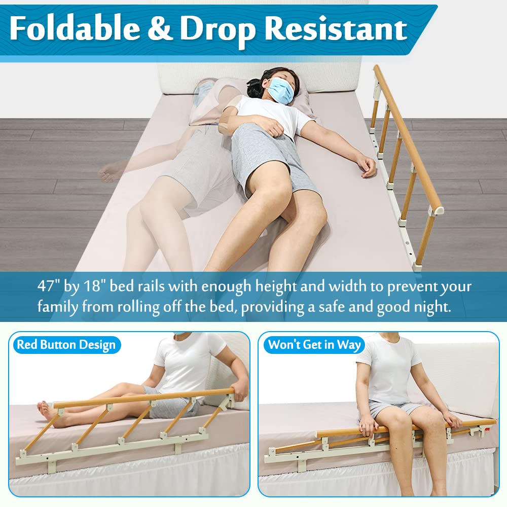 Mybow Bed Rails for Elderly Adults - Adjustable Safety Guard Rails for Seniors & Hospital Use | 47x18 Inch Swing Down Handrail | Fall Prevention Assist Bar for Beds | Ideal for Home Care & Medical Facilities