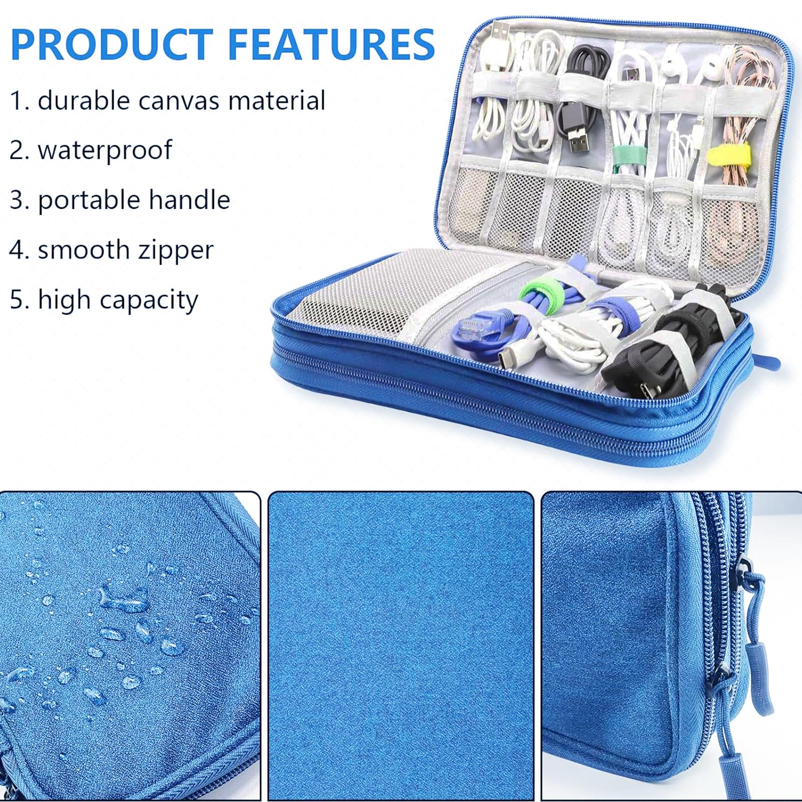 Teskyer Waterproof Travel Organizer Bag for Electronics & Cables - 9.6 x 6.9 Inch Sky Blue Travel Accessories - Perfect for Men & Women Travel Essentials, Business Trips, Vacations & Daily Commute