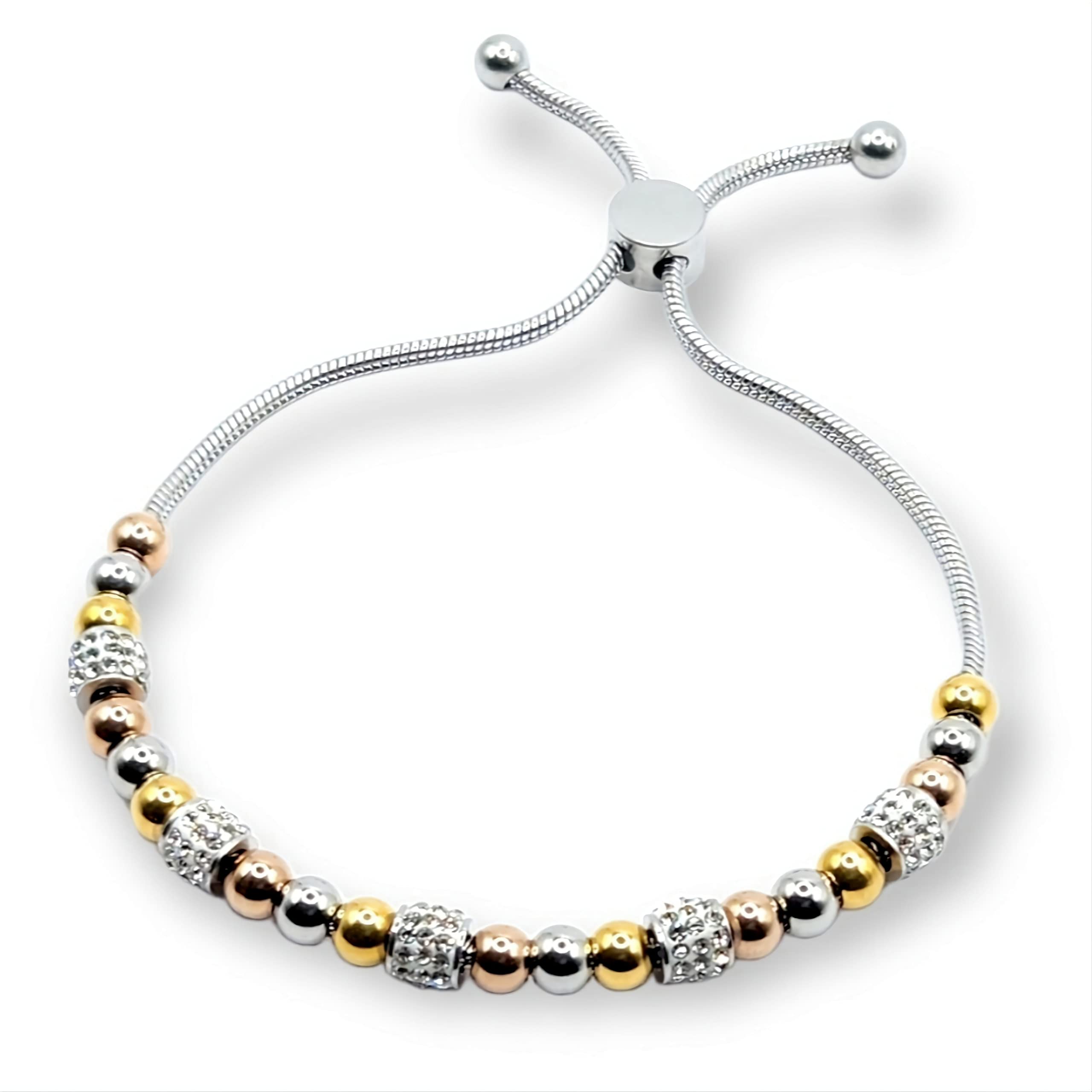 Steel Dainty Bead Slider Bracelet Adjustable Crystal Accents Gold & Silver Tone Jewelry for Women Gift Everyday Wear