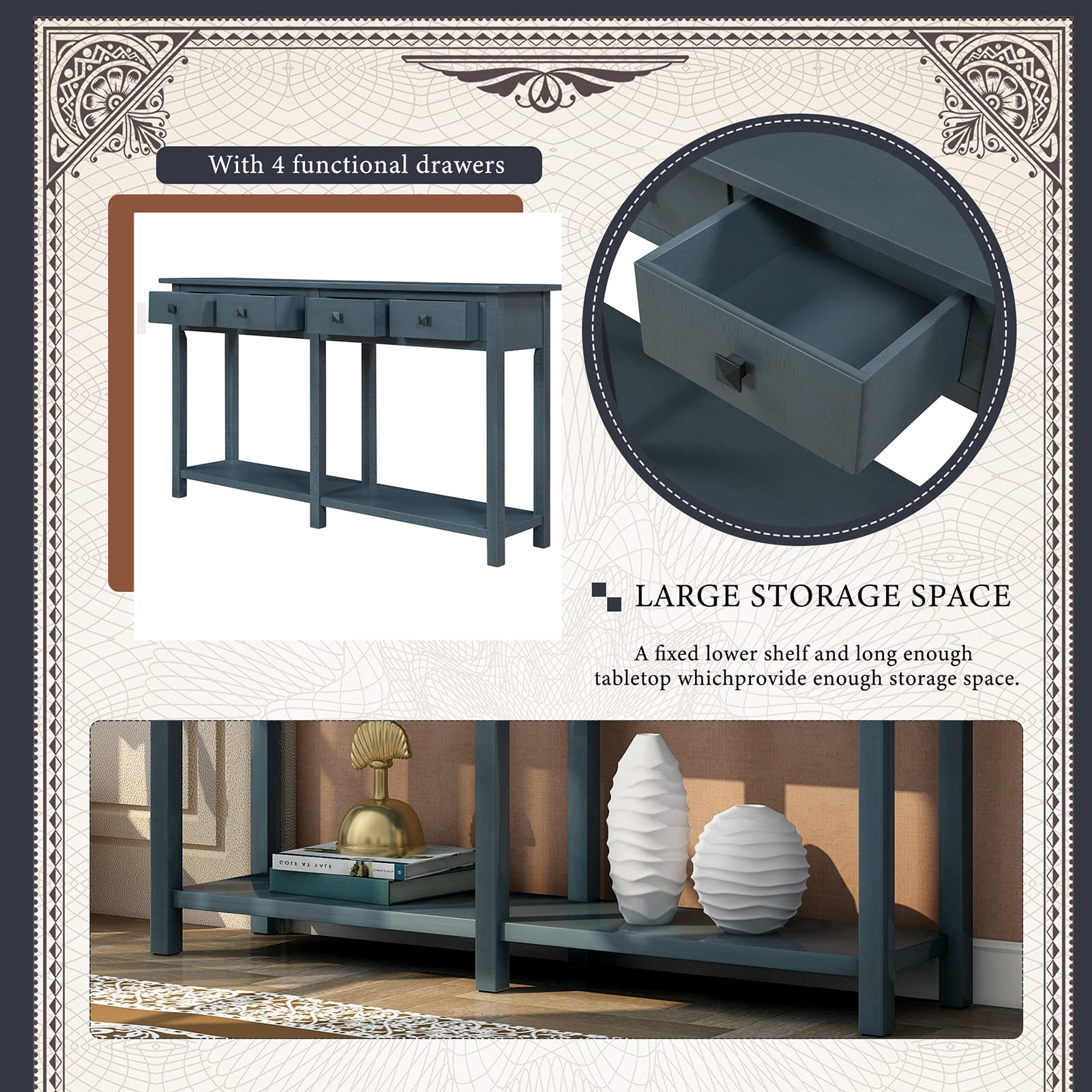 59 Inch Rustic Console Table with 4 Drawers & Open Shelf - Narrow Long Entryway Sofa Table, Brushed Texture Hallway Foyer Table for Living Room, Front Hall, Kitchen Counter - Perfect for Home Decor, Small Space Storage & Entryway Organization