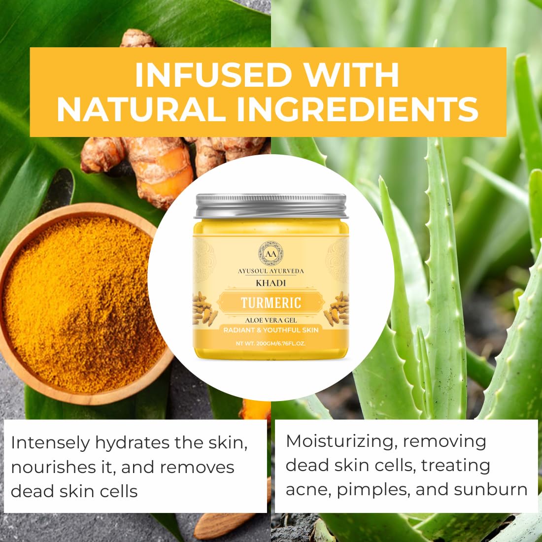 **Ayusoul Ayurveda Khadi Turmeric & Aloe Vera Gel - 99% Pure Natural Face Moisturizer for Hydration & Glow | SLS-Free, 200g | Perfect for Dry Skin & Daily Skincare Routine**