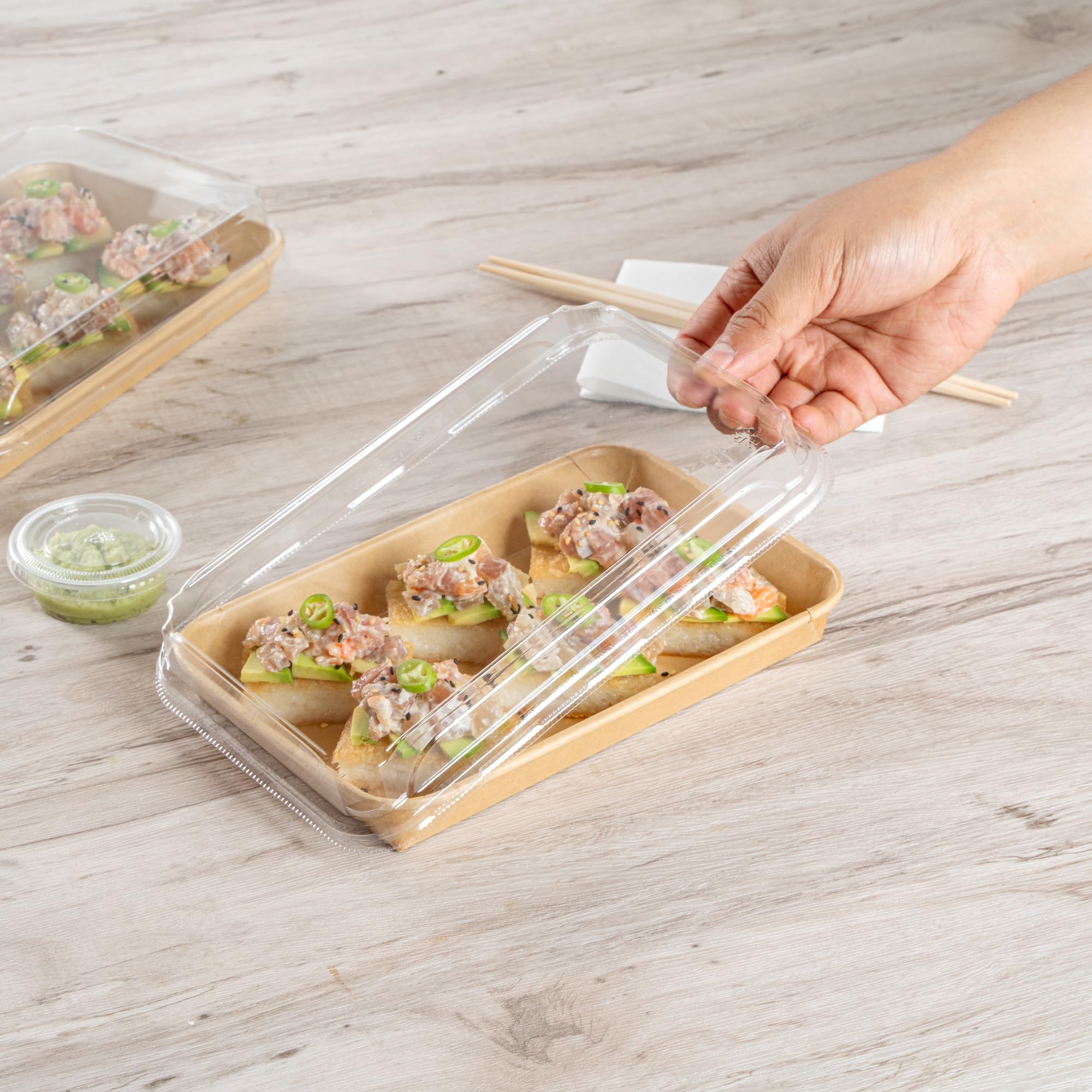 Matsuri Vision 8.8 x 5.5 x 1.2 Inch Clear Plastic Dome Lids for Sushi Containers - 50 Pack Airtight No-Fog Lids (Containers Sold Separately) - Perfect for Sushi Restaurants, Catering & Takeout Boxes