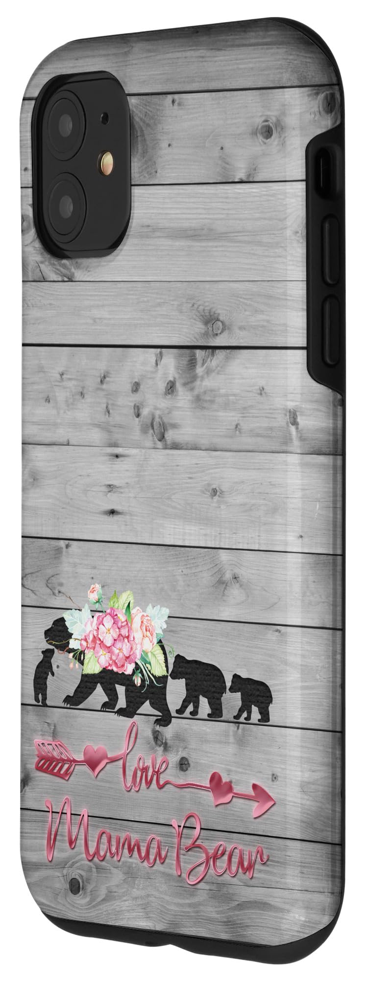 iPhone 11 Case - Pink Floral Black Mama Bear with Three Cubs Vintage Design, Gray Rustic Protective Cover | Perfect for Women, Moms & Vintage Lovers