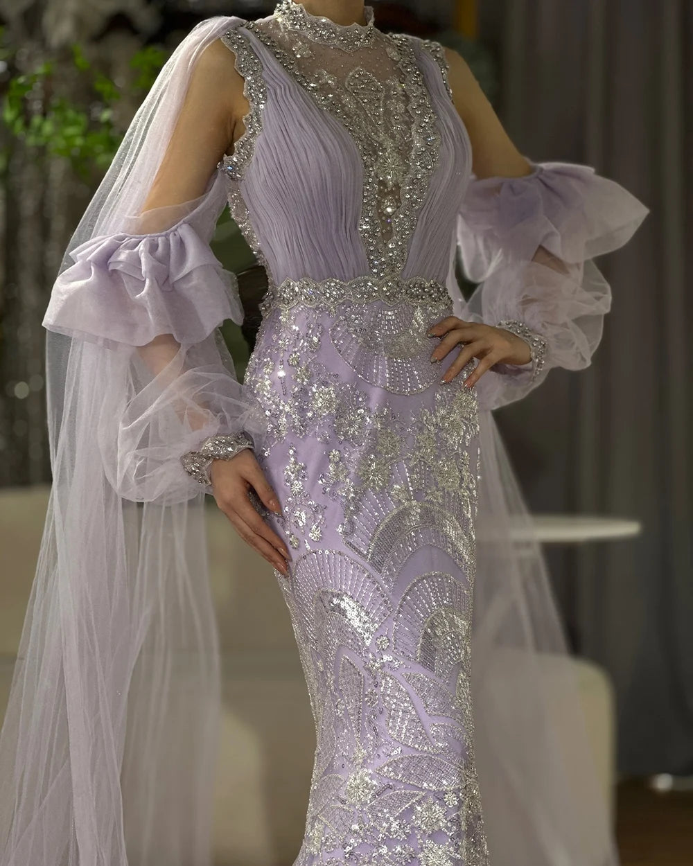Luxury Dubai Arabic Lilac Mermaid Puffy Sleeves Sparkling Beaded Long Evening Dress Gown for Women - Formal Occasion Prom Wedding Party LA72745 | Elegant Beaded Gown for Special Events & Red Carpet