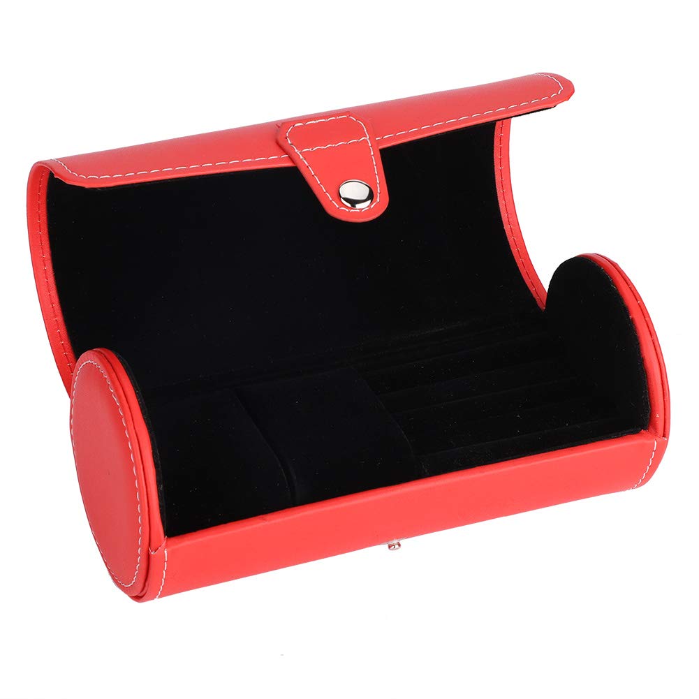 Premium Watch Roll Wristwatch Holder - PU Leather Watch Storage Case with Jewelry Display for Rings & Earrings - Luxury Travel Organizer & Gift Box (Red) - Perfect for Travel, Home Storage & Jewelry Collection Display