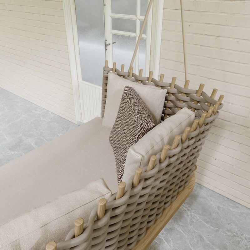 Rattan Porch Swing Chair with Khaki Cushion - Outdoor Hanging Sofa for Patio, Garden, or Balcony Relaxation