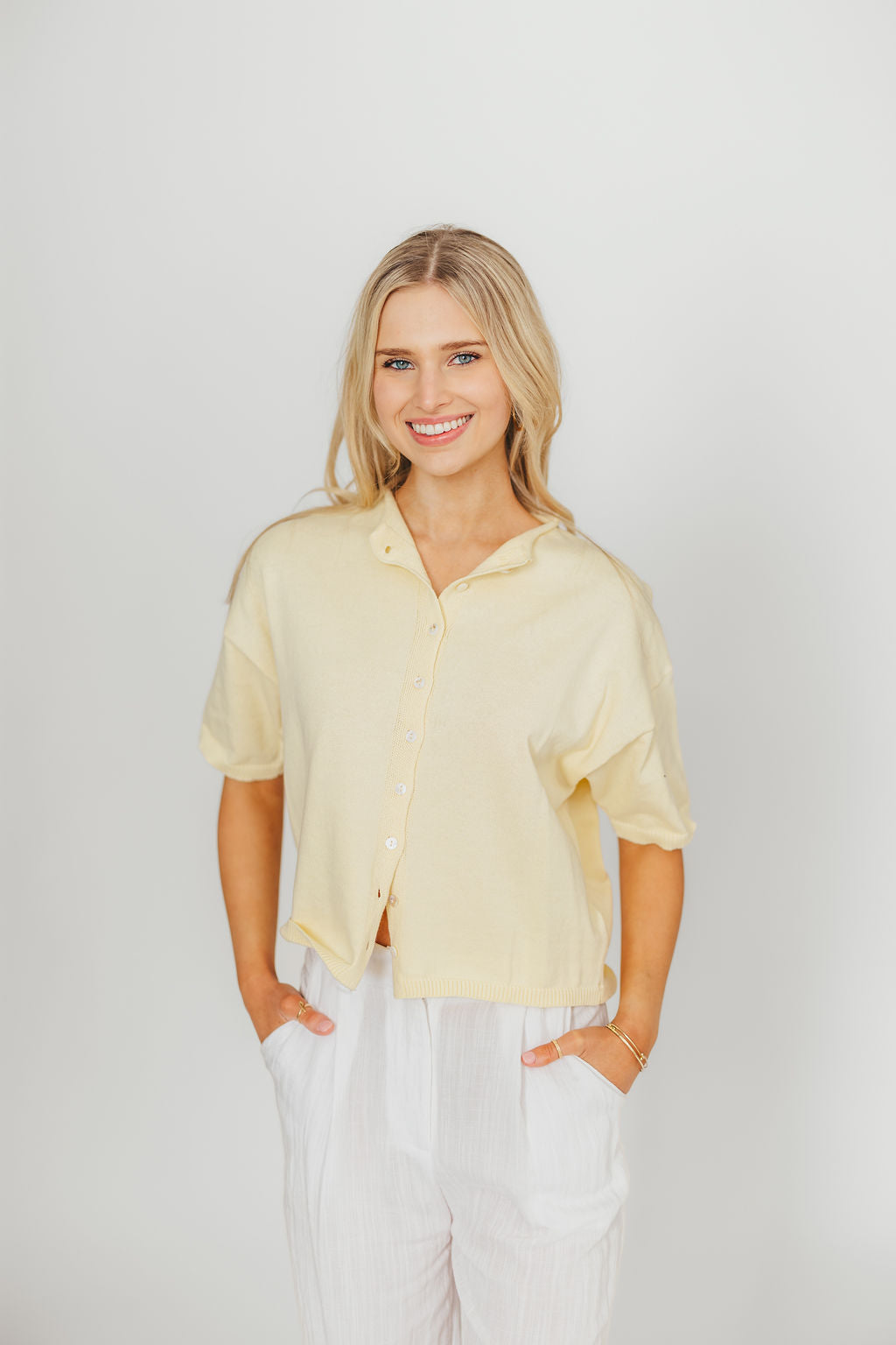 Emeryn 100% Cotton Short Sleeve Knit Cardigan for Women - Soft Butter Yellow Lightweight Summer Cover Up - Perfect for Beach, Office & Casual Outfits