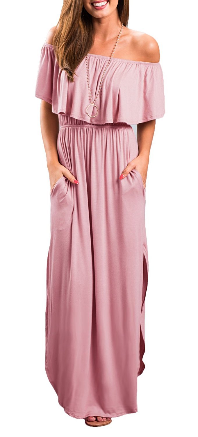 LILBETTER Women's Off Shoulder Ruffle Party Dress with Side Slit - Flowy Beach Maxi Dress for Summer Vacations, Weddings & Date Nights