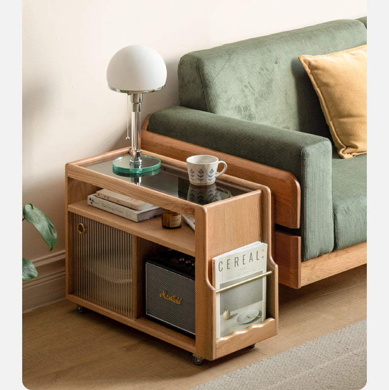 Solid Wood Mobile Glass Side Table - Oak, Poplar, Black Walnut - Perfect for Living Room, Bedroom or Office Use