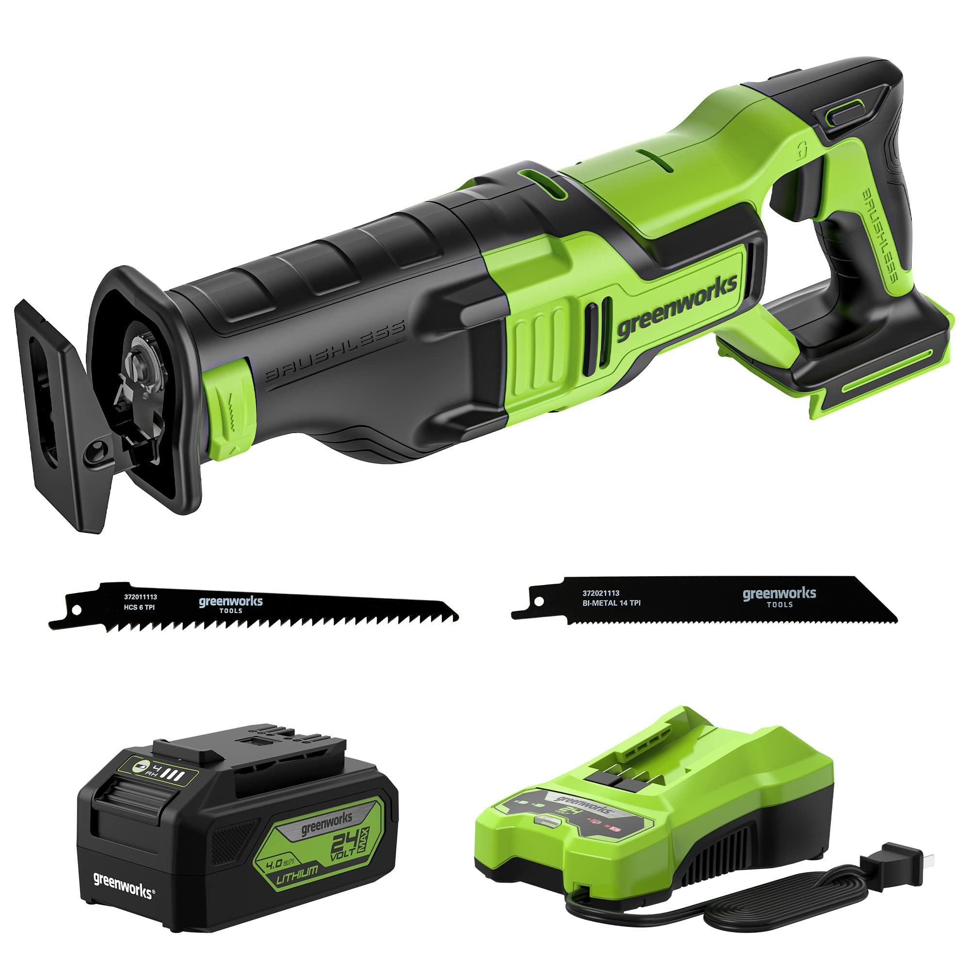 Greenworks 24V Brushless Cordless Reciprocating Saw with 4.0Ah Battery & Charger - 1-1/8