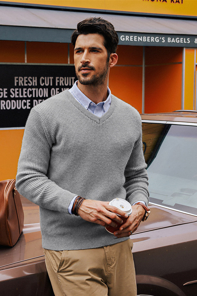 Men's Textured V-Neck Long Sleeve Sweater - Ribbed Cuff Pullover Knit Top for Casual Wear & Winter Fashion